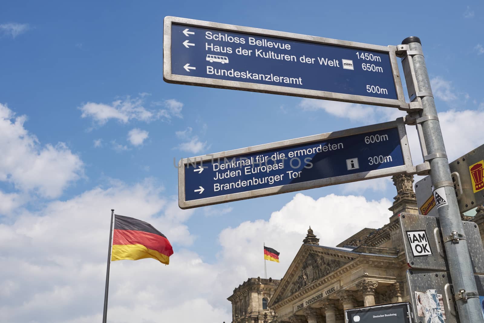 BERLIN, GERMANY - JULY 08: Direction sign with German flag blowing in the wind in front of Reichstag building. July 08, 2015 in Berlin.