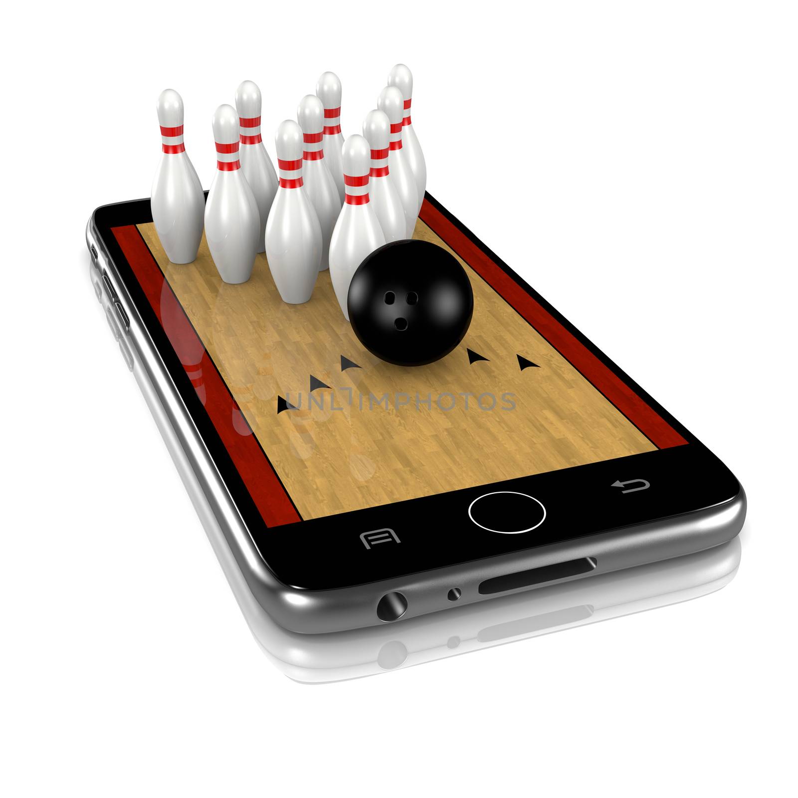 Bowling Field with Skittles and Ball on Smartphone Display 3D Illustration Isolated on White Background