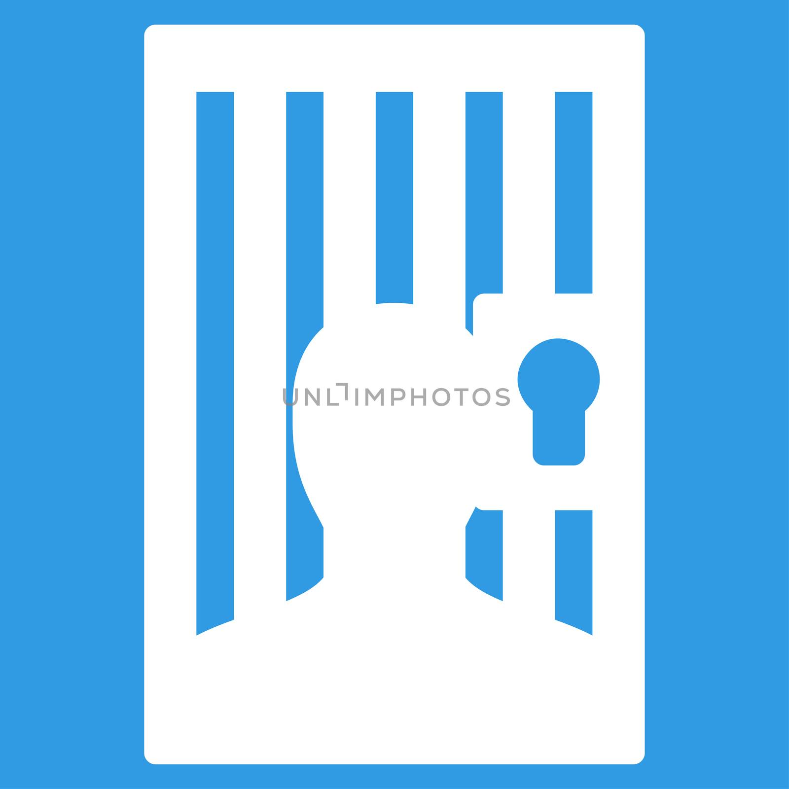 Prison icon from Business Bicolor Set. Glyph style is flat symbol, white color, rounded angles, blue background.
