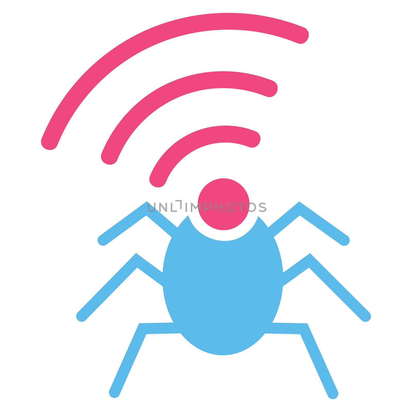 Radio spy bug icon from Business Bicolor Set. Glyph style is bicolor flat symbol, pink and blue colors, rounded angles, white background.