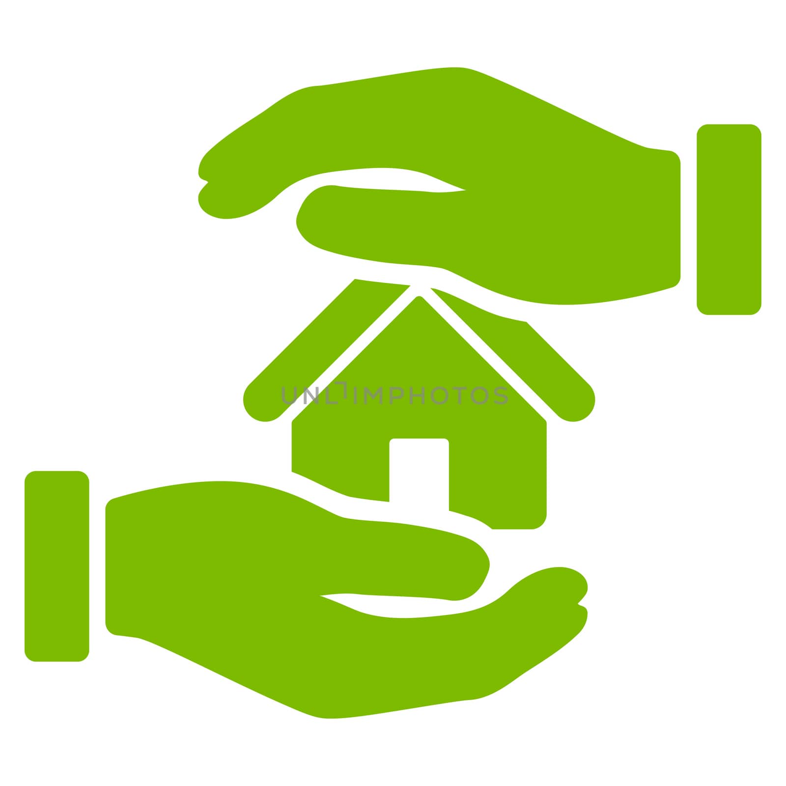 Realty insurance icon from Business Bicolor Set. Glyph style is flat symbol, eco green color, rounded angles, white background.