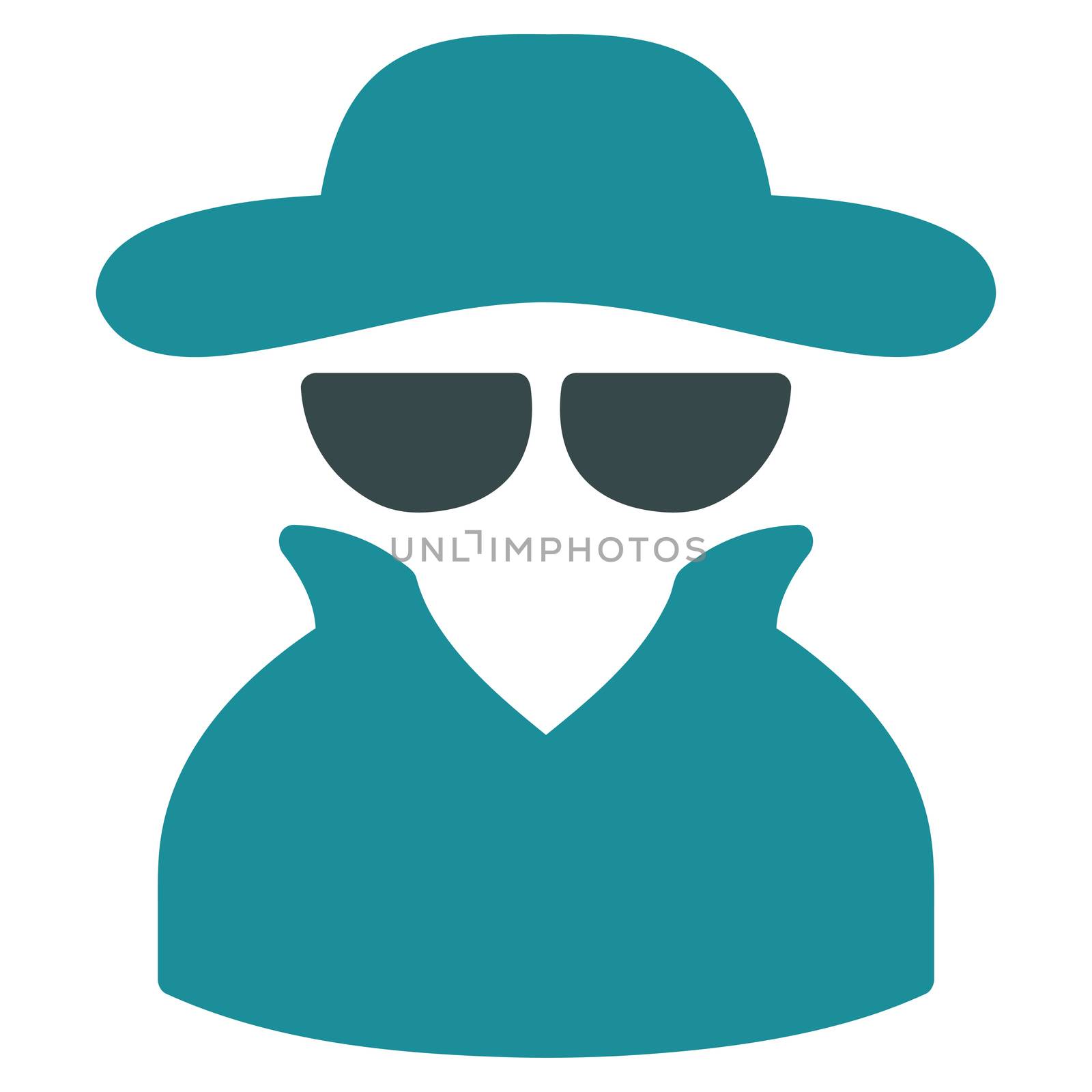 Spy icon. Glyph style is bicolor flat symbol, soft blue colors, rounded angles, white background.