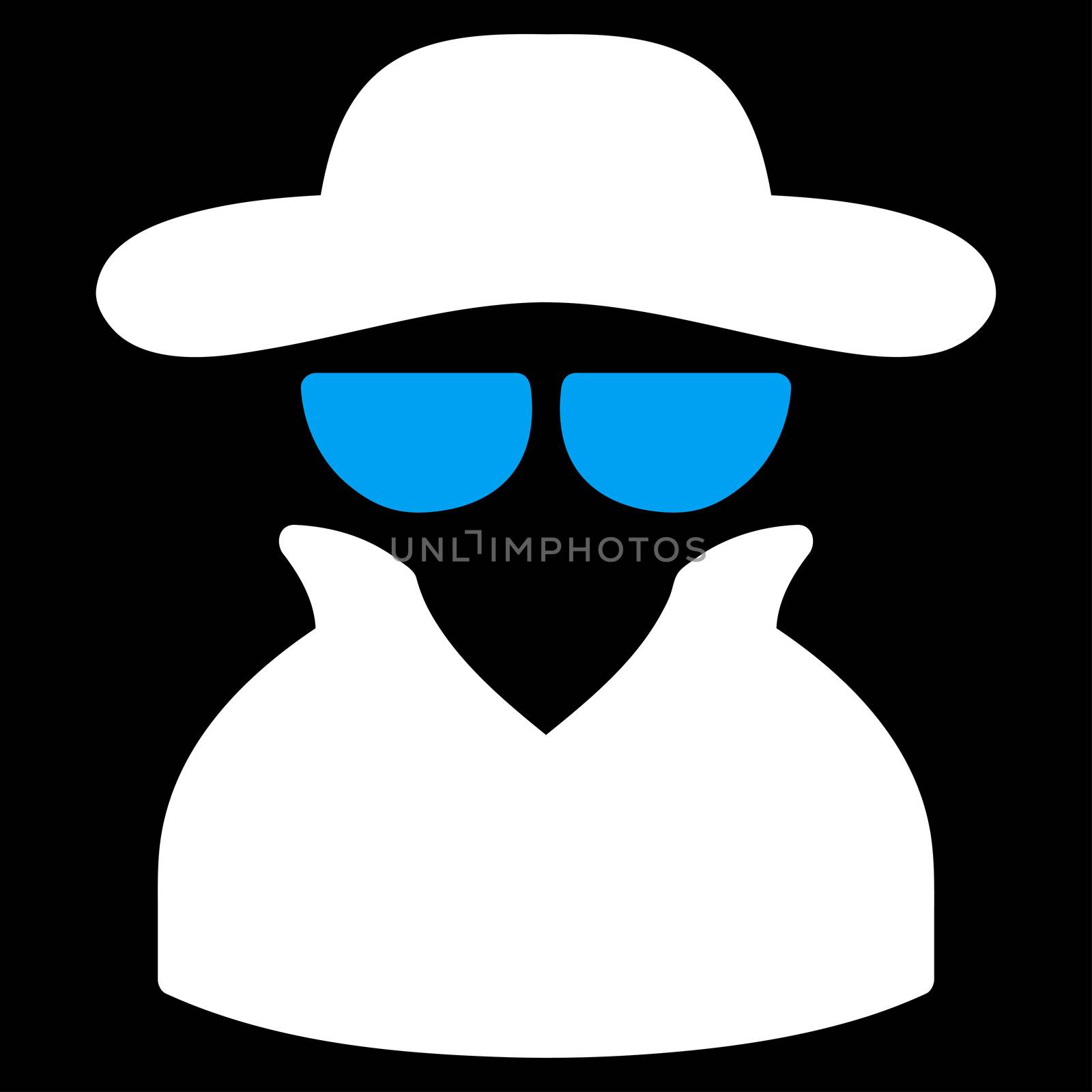 Spy icon. Glyph style is bicolor flat symbol, blue and white colors, rounded angles, black background.