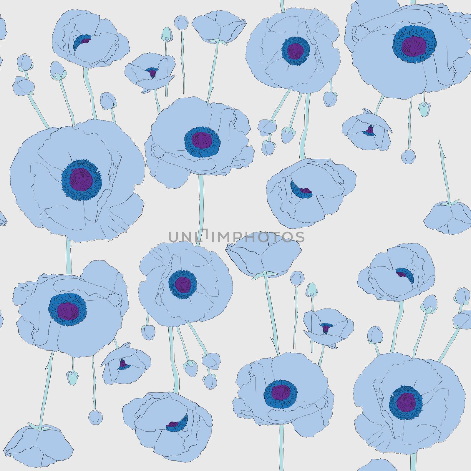 Seamless retro pattern with blue poppies over a light grey background