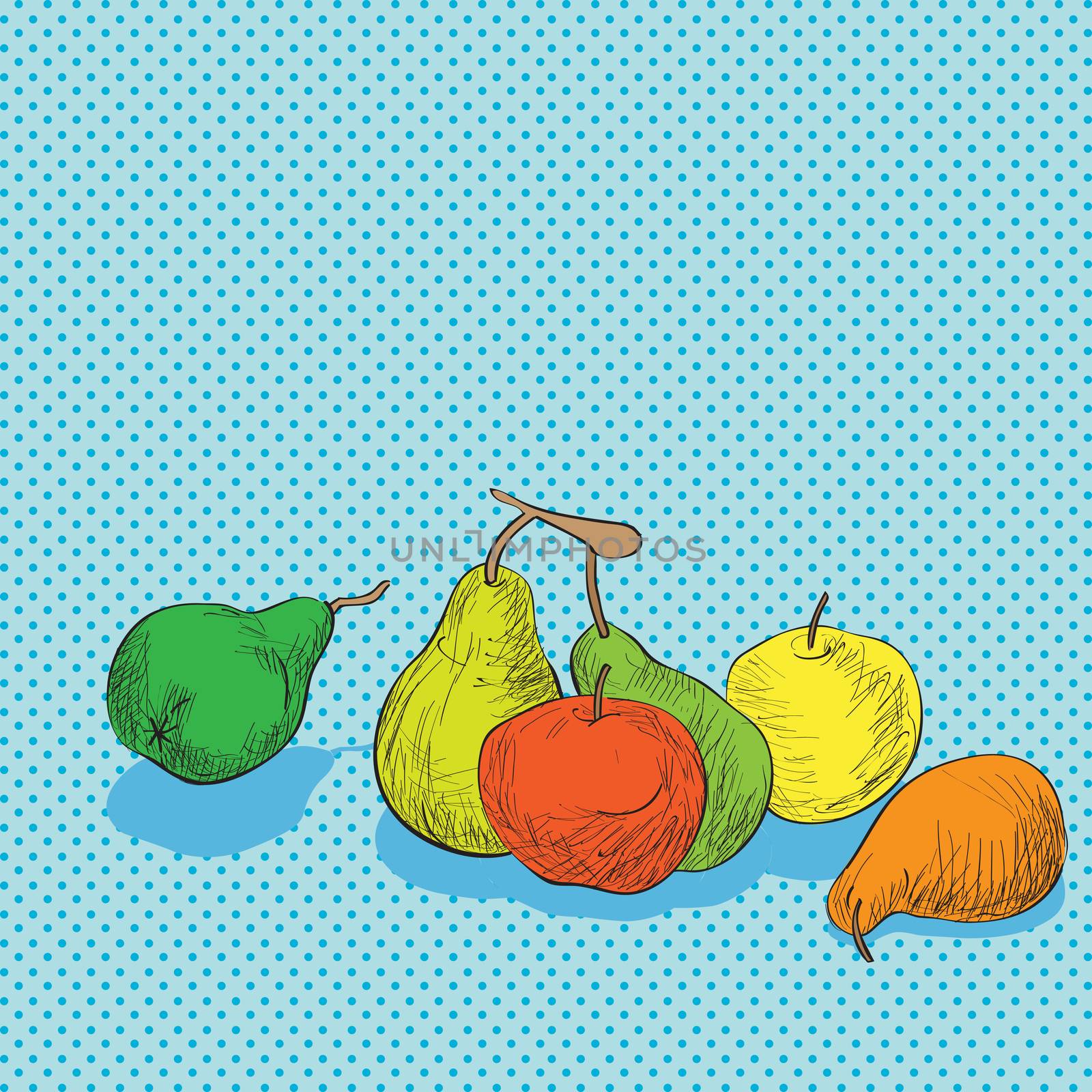 Hand drawn illustration of a composition with fruits, apples and pears over a Pop Art background with dots