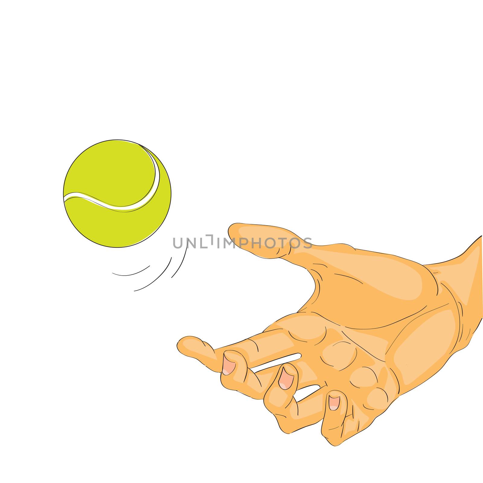 Cartoon illustration of a hand catching or throwing a tennis ball over a white background