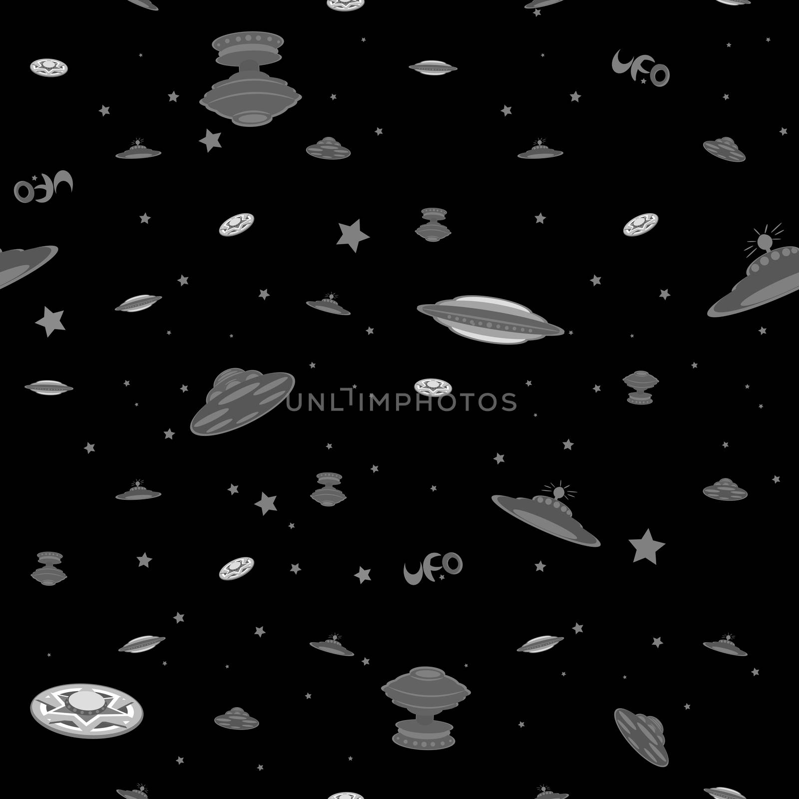 Sparse pattern with different extraterestrial spaceships and text in cosmos, black and white illustration 
