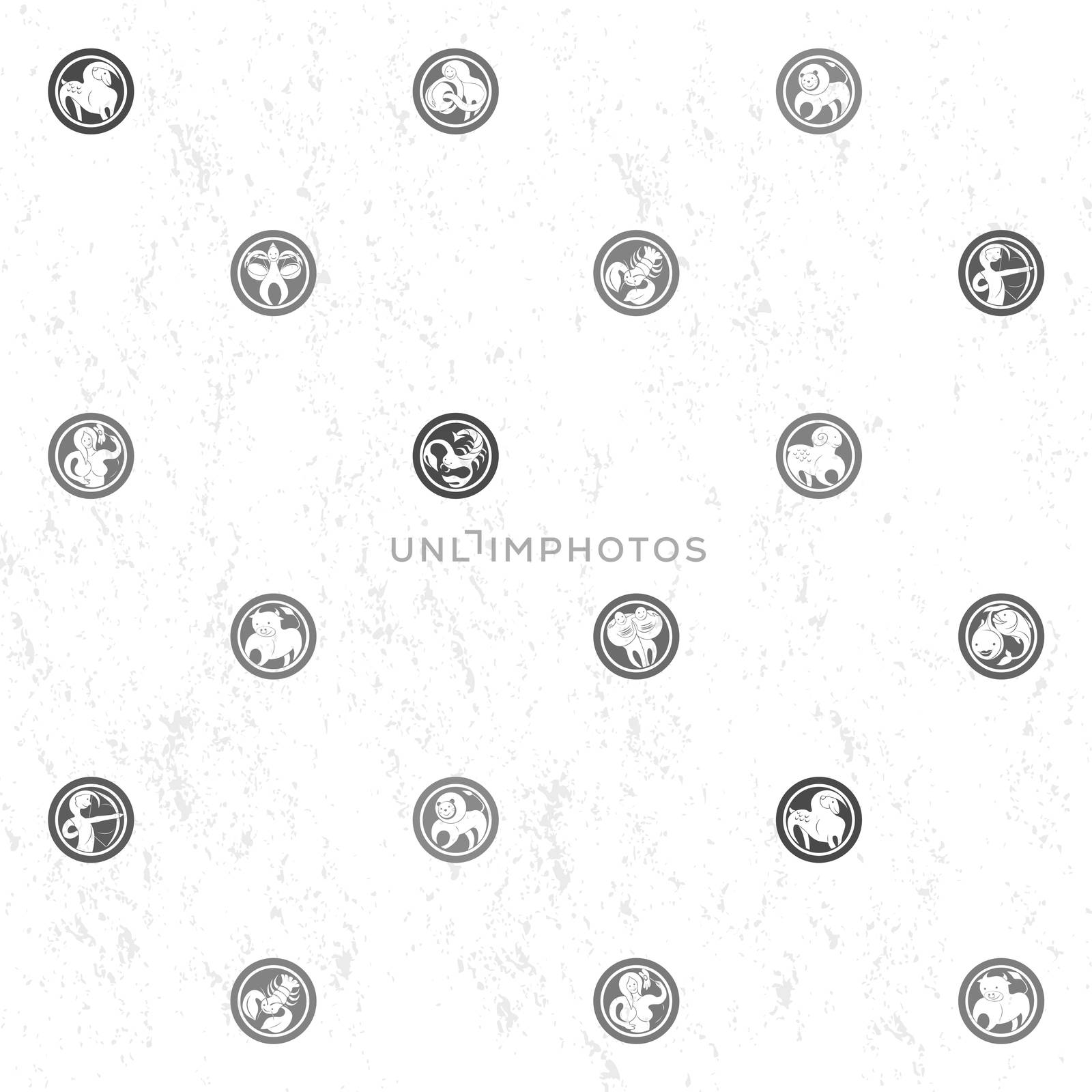 Black and white sparse pattern with zodiac signs, cartoon illustrations over a grungy background