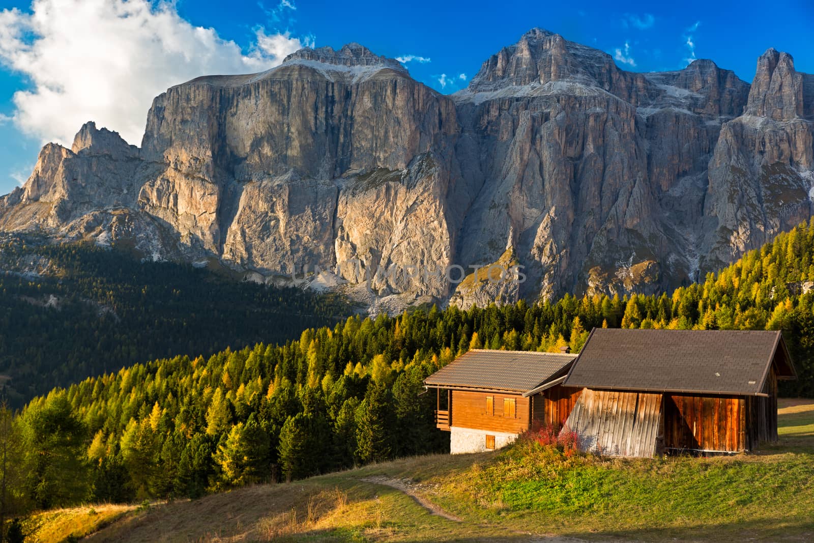 Alpine hut at Passo Pordoi with Sella Group, Dolomites, Italian  by fisfra