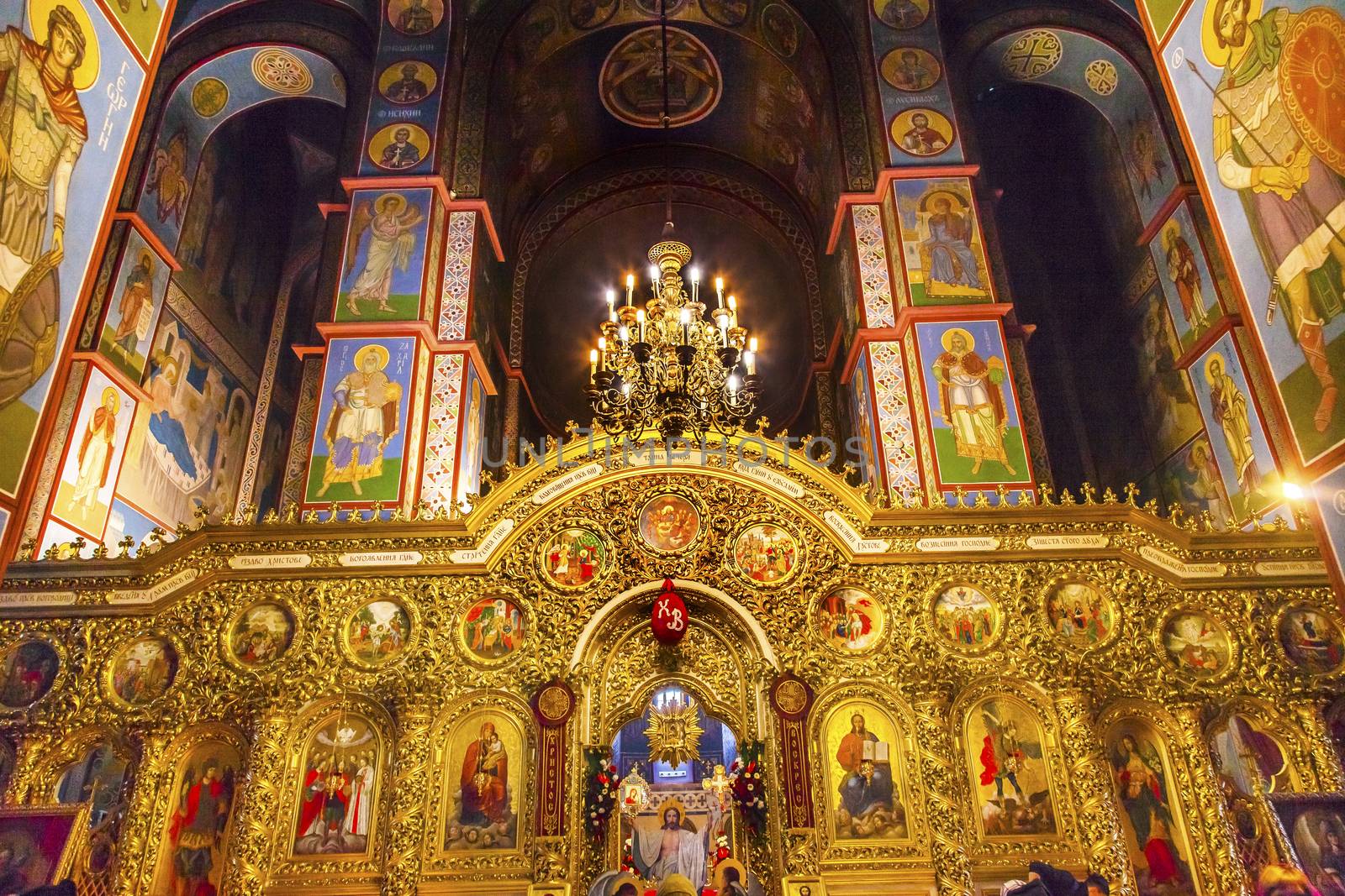 Ancient Mosaics Golden Sreen Icons Ancient Basilica Saint Michael Monastery Cathedral Kiev Ukraine.  Saint Michael's is a functioning Greek Orthordox Monasatery in Kiev.  The original monastery was created in the 1100s but was destroyed by the Soviet Union in the 1930s.  St. Michaels was reconstructed after Ukrainian independencein 1991 and reopened in 1999.