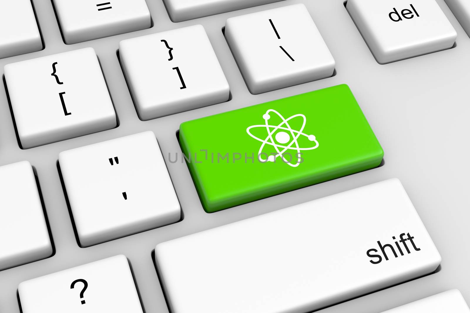 Computer Keyboard with Green Atom Science Button Illustration