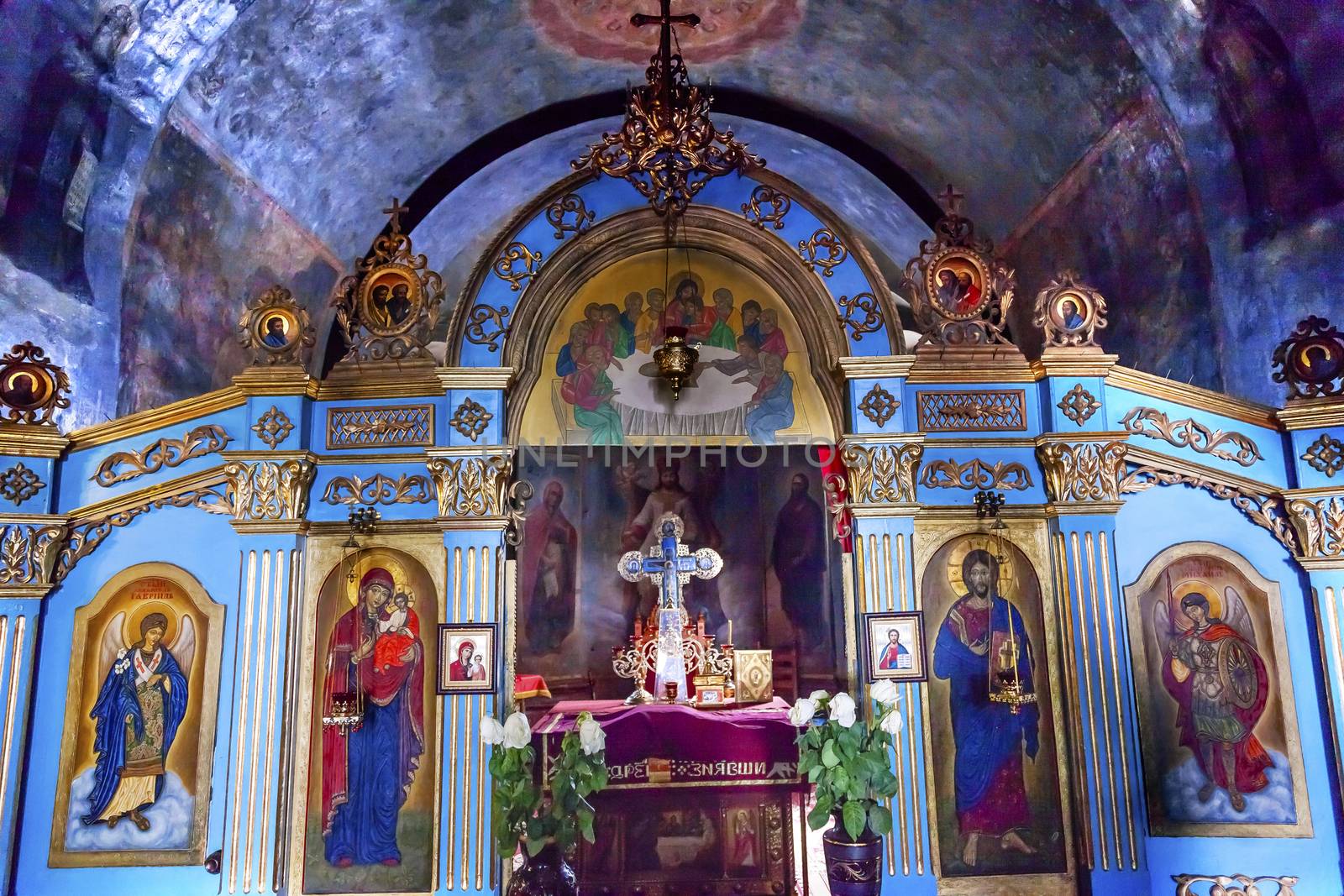 Ancient Mosaics Golden Screen Icons Basilica Mikhaylovsky Church Vydubytsky Monastery Kiev Ukraine.  Saint Michael's is the oldest functioning Orthordox Monasatery in Kiev.  The original monastery was created in the 1000s, 10th Century.