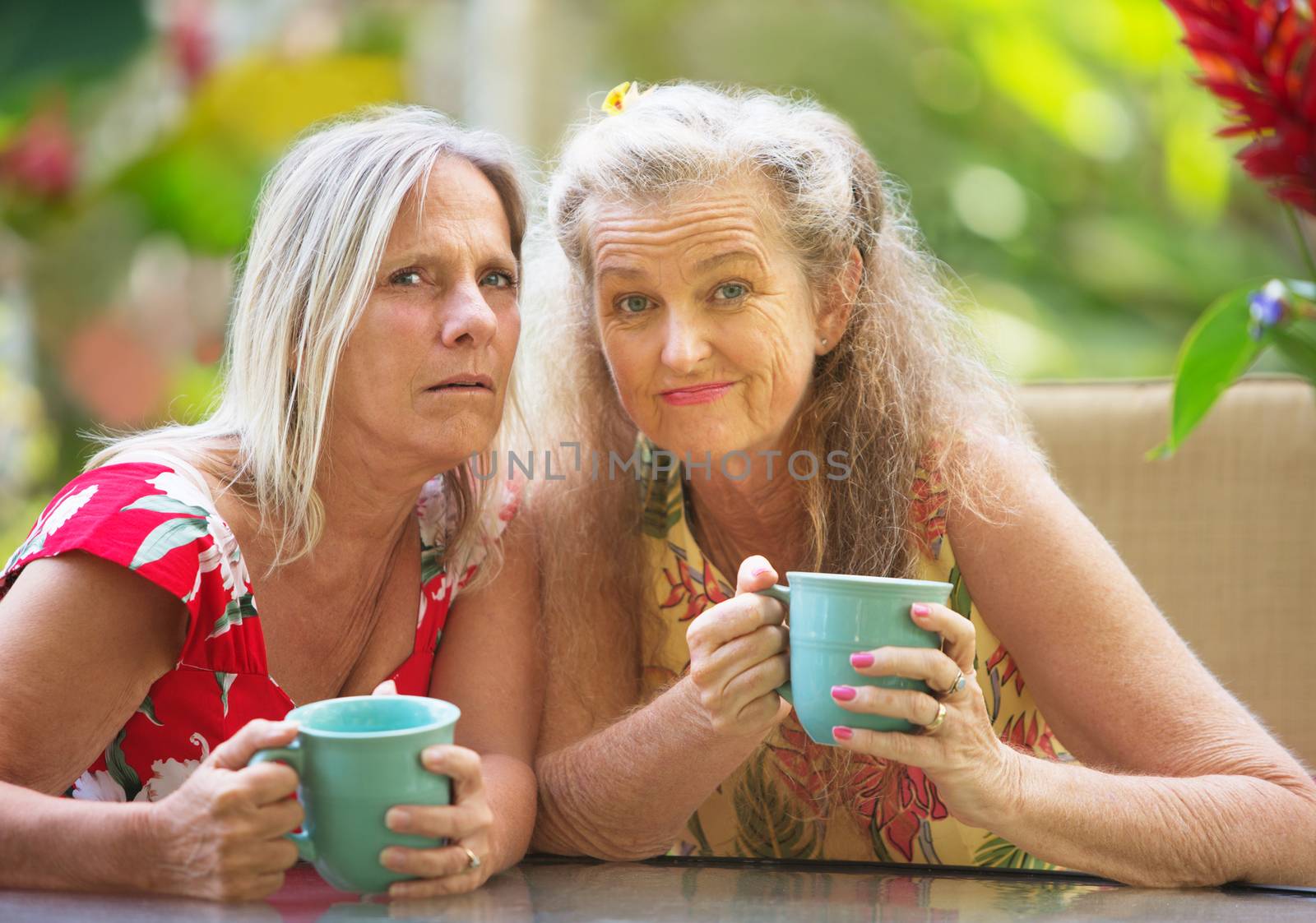 Pair of Caucasian doubting friends with coffee mugs