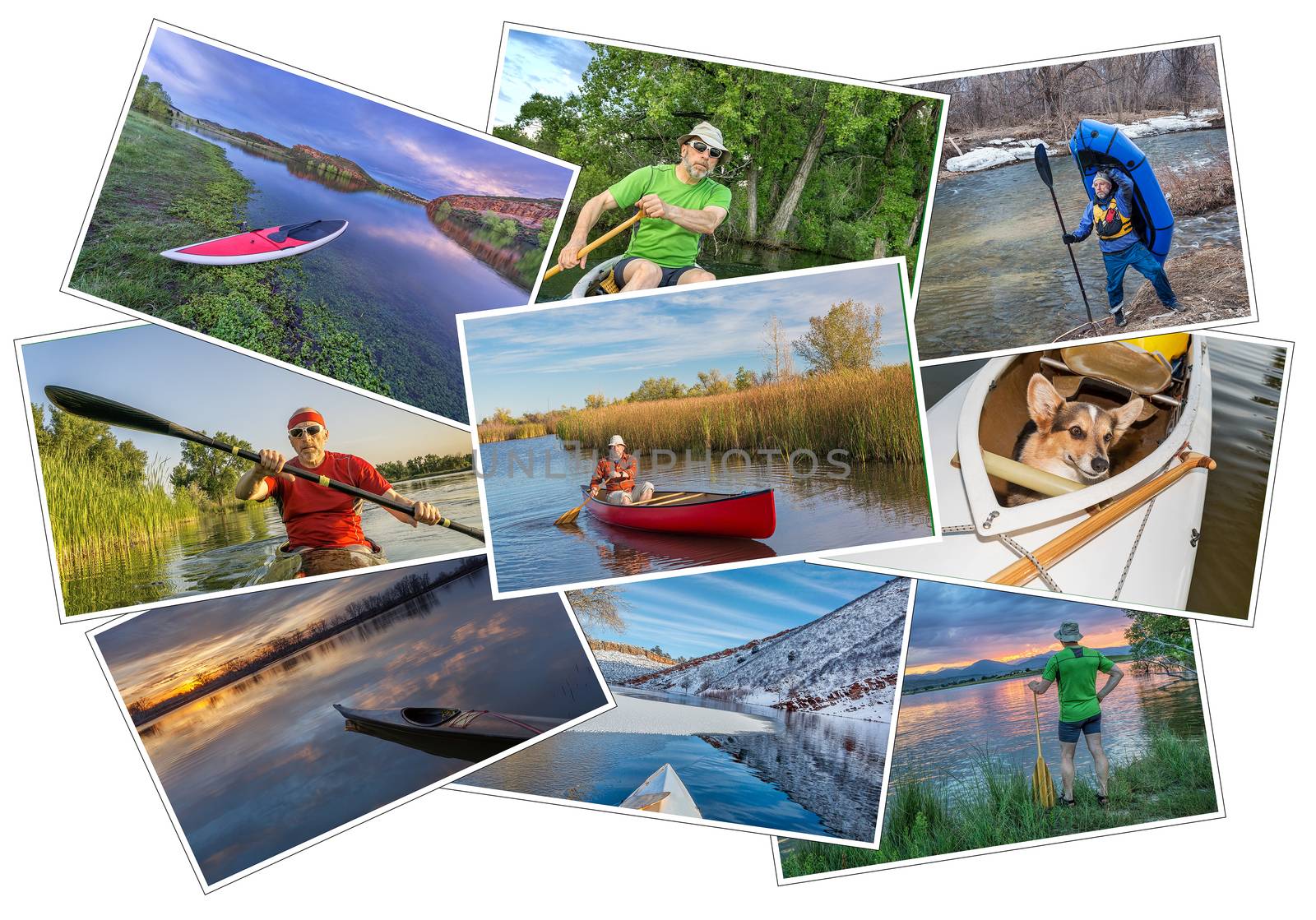 collection of nine  paddling pictures from lakes and rivers of Colorado featuring kayaks, canoes and stand up padleboards  and the same male model - a pile isolated on white