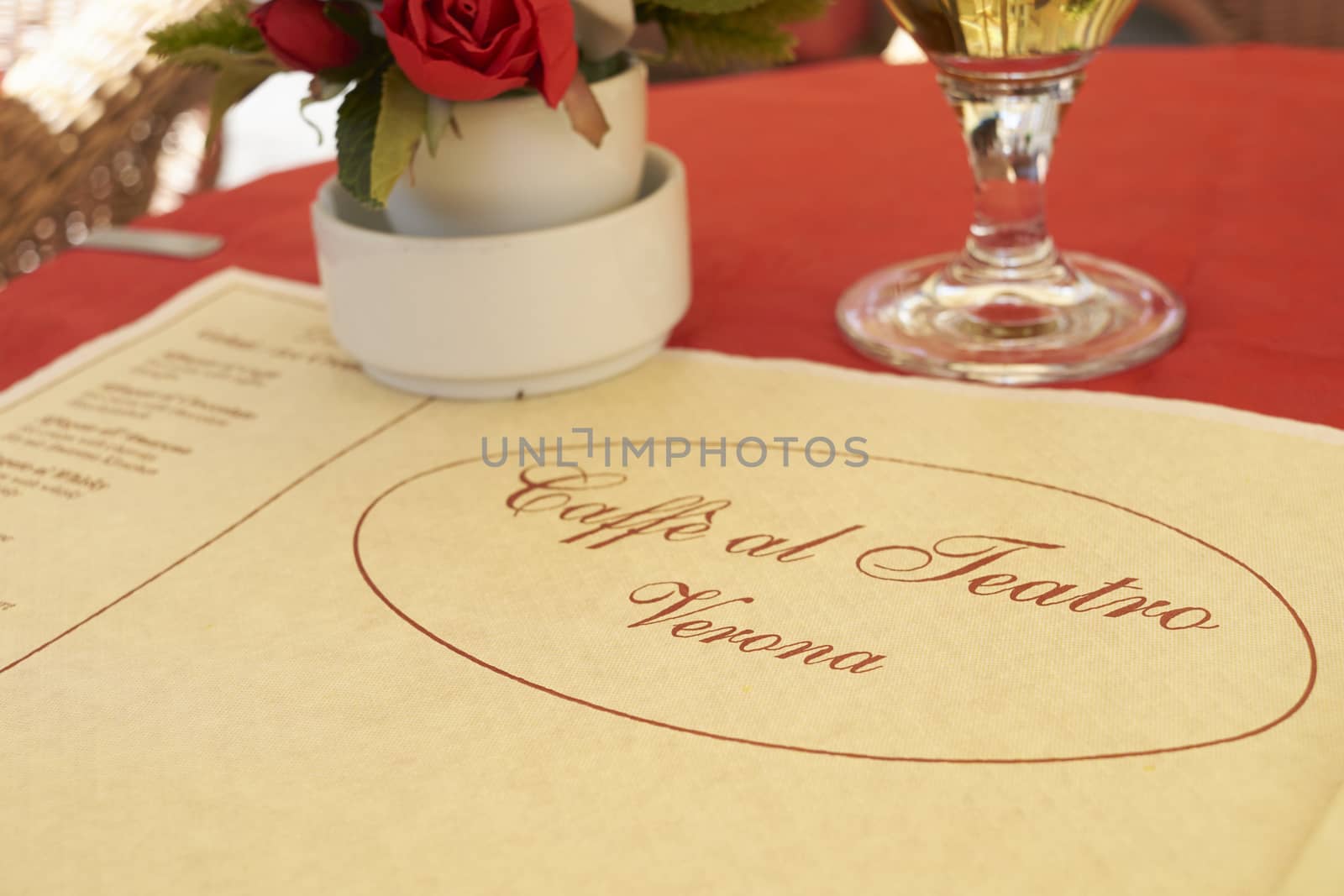 VERONA, ITALY - JULY 11: Close up of paper table cover of traditional Caffe al Teatro restaurant. July 11, 2015 in Verona.