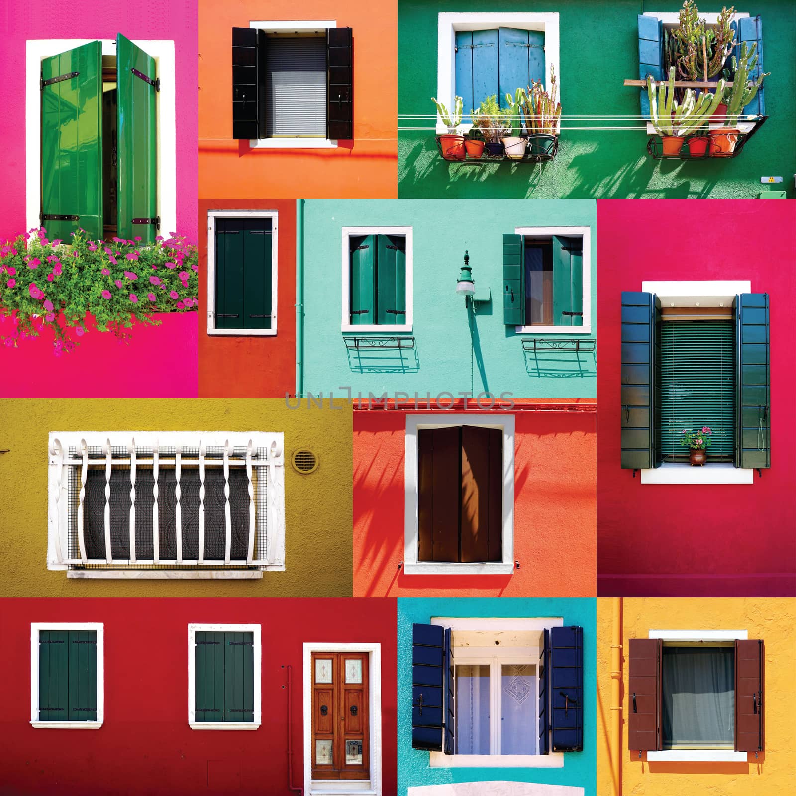 Mixed colorful Windows wall and Doors in Burano building architecture, Venice, Italy