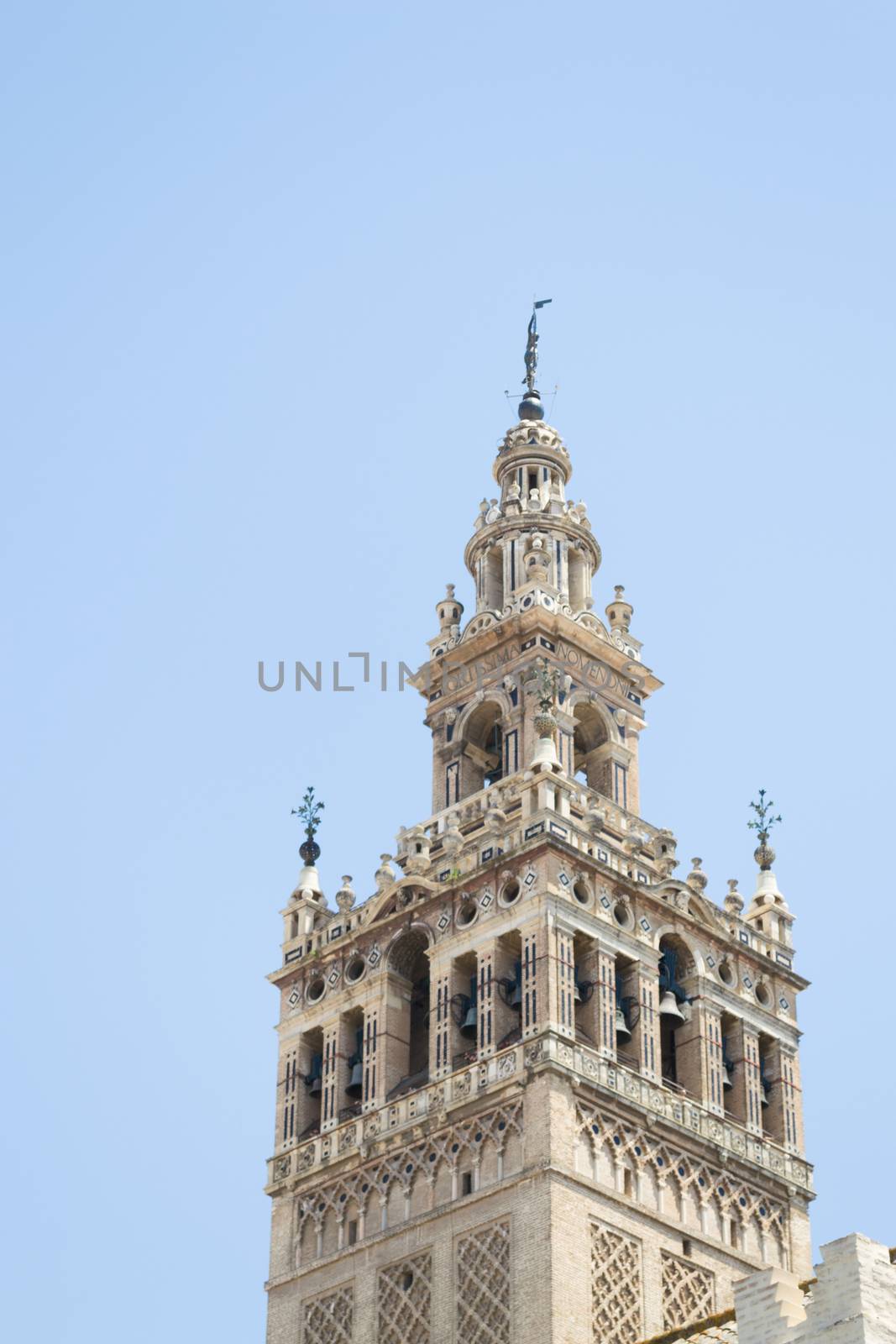 The Giralda was first built as a minaret in the 12 century now is the bell tower of the cathedral of Seville