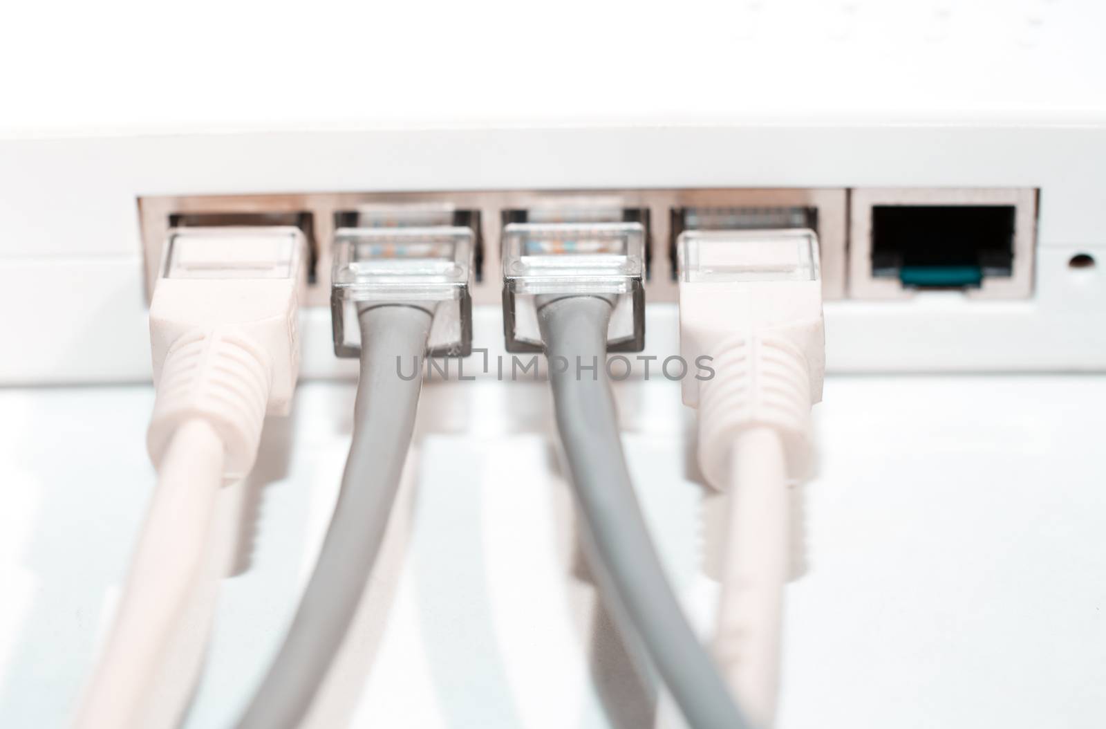 Network modem with cables. Close-up horizontal photo