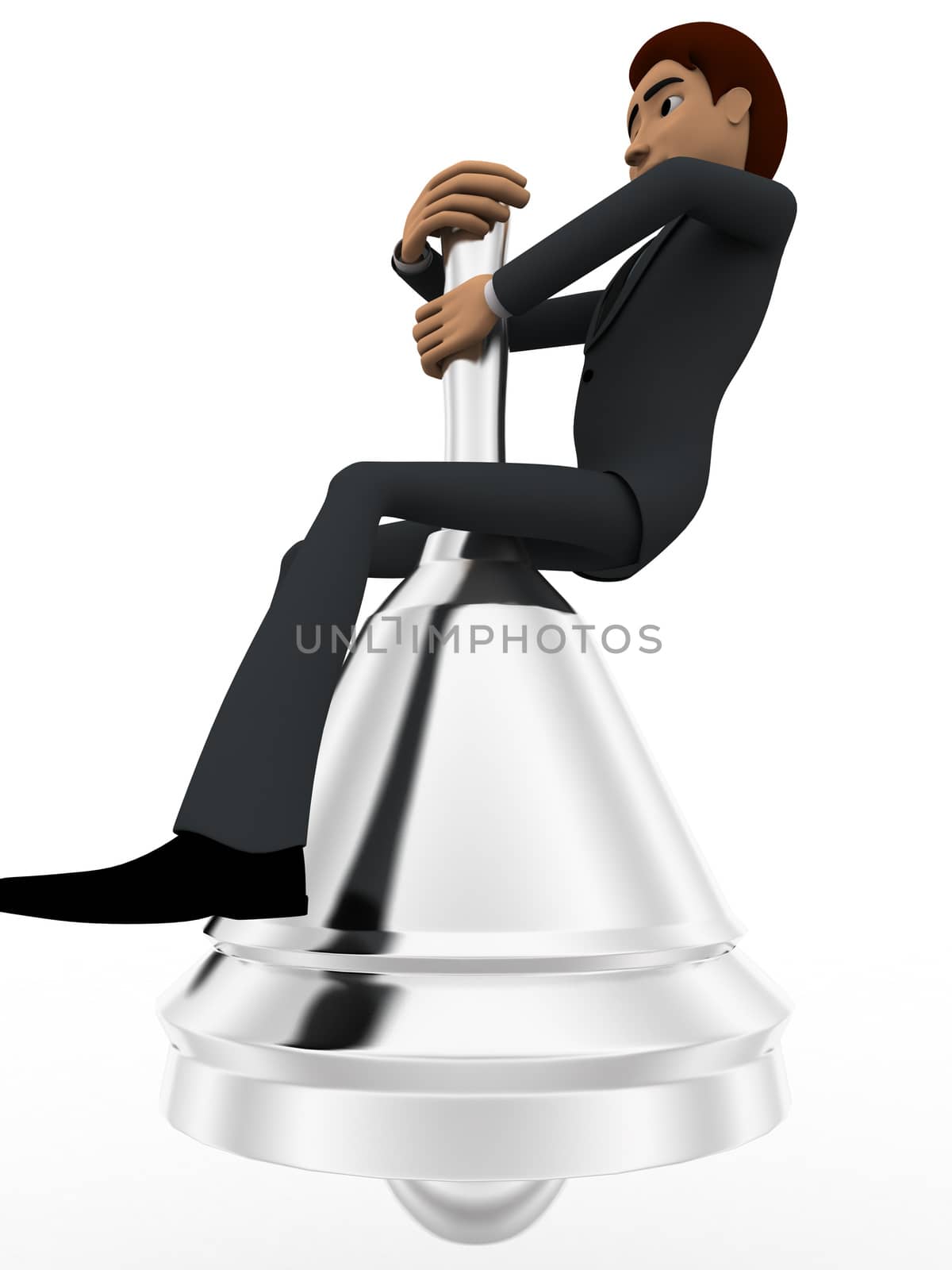 3d man sitting on big metalic bell concept on white background, side  angle view