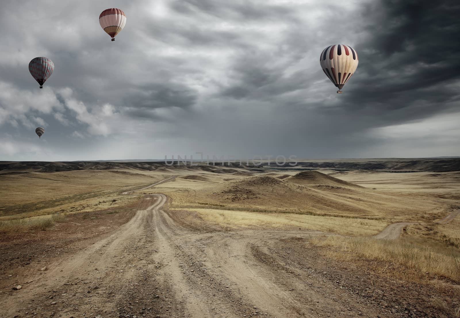 Air balloons flying over the country road