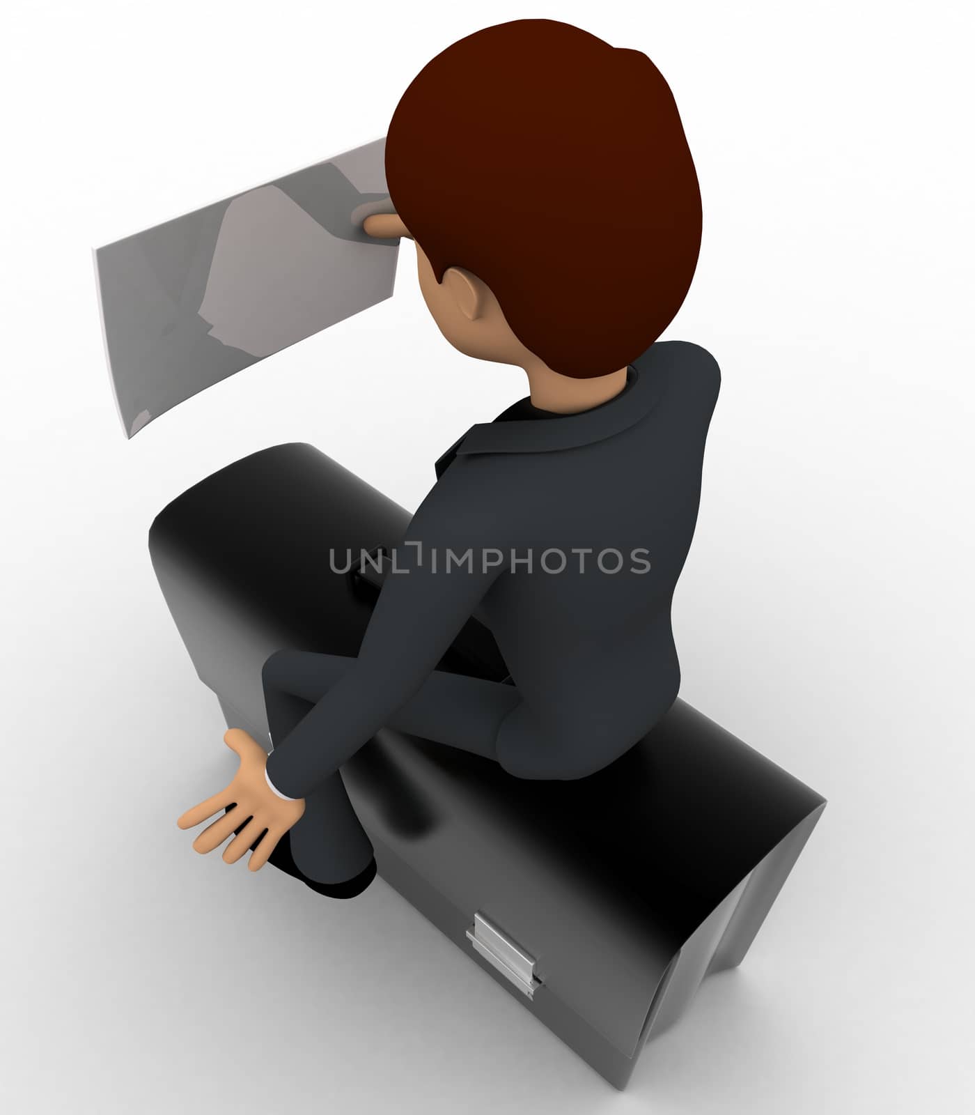 3d man sitting on briefcase and reading paper concept on white background, top angle view