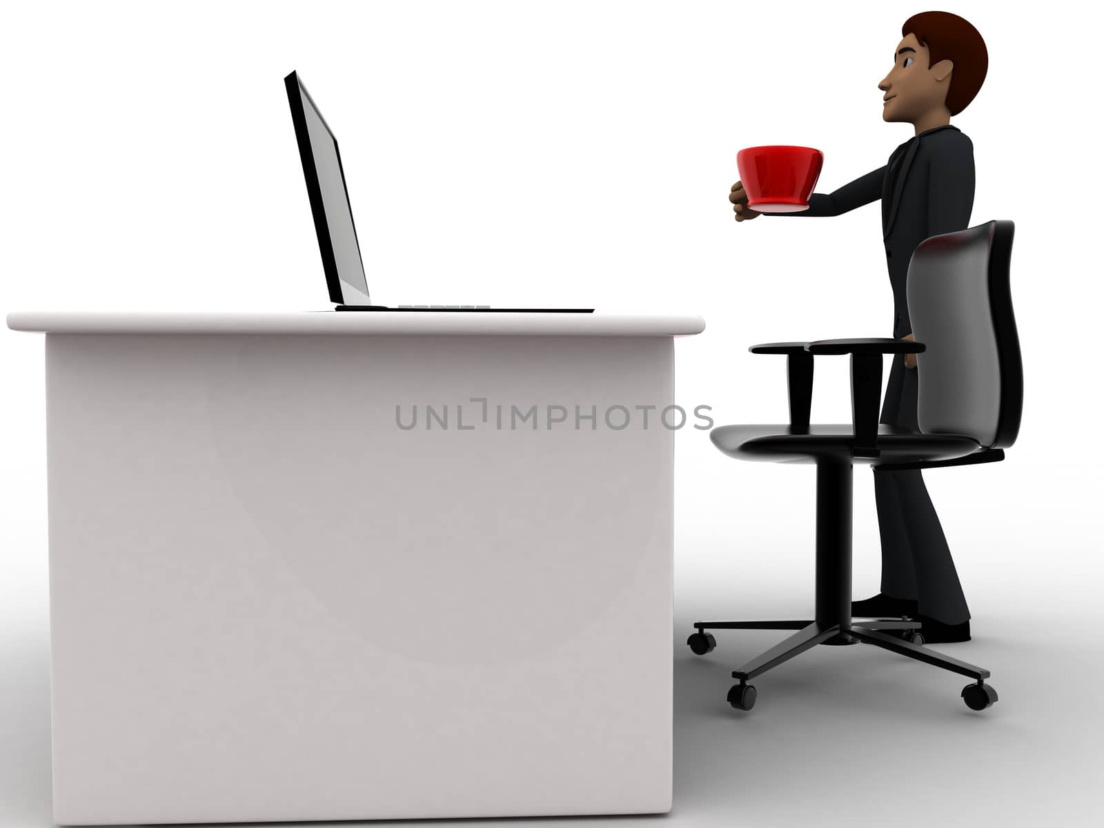 3d man in office with coffee sup and working on laptop concept by touchmenithin@gmail.com