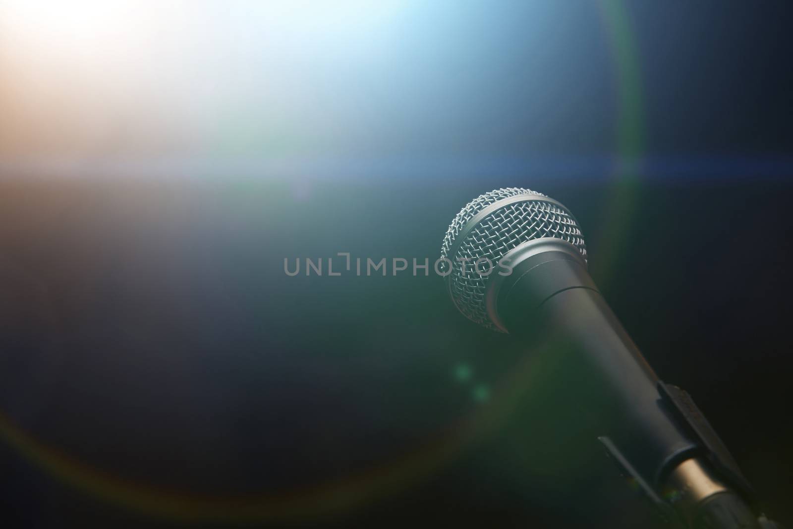 Microphone at performance stage. Close-up view