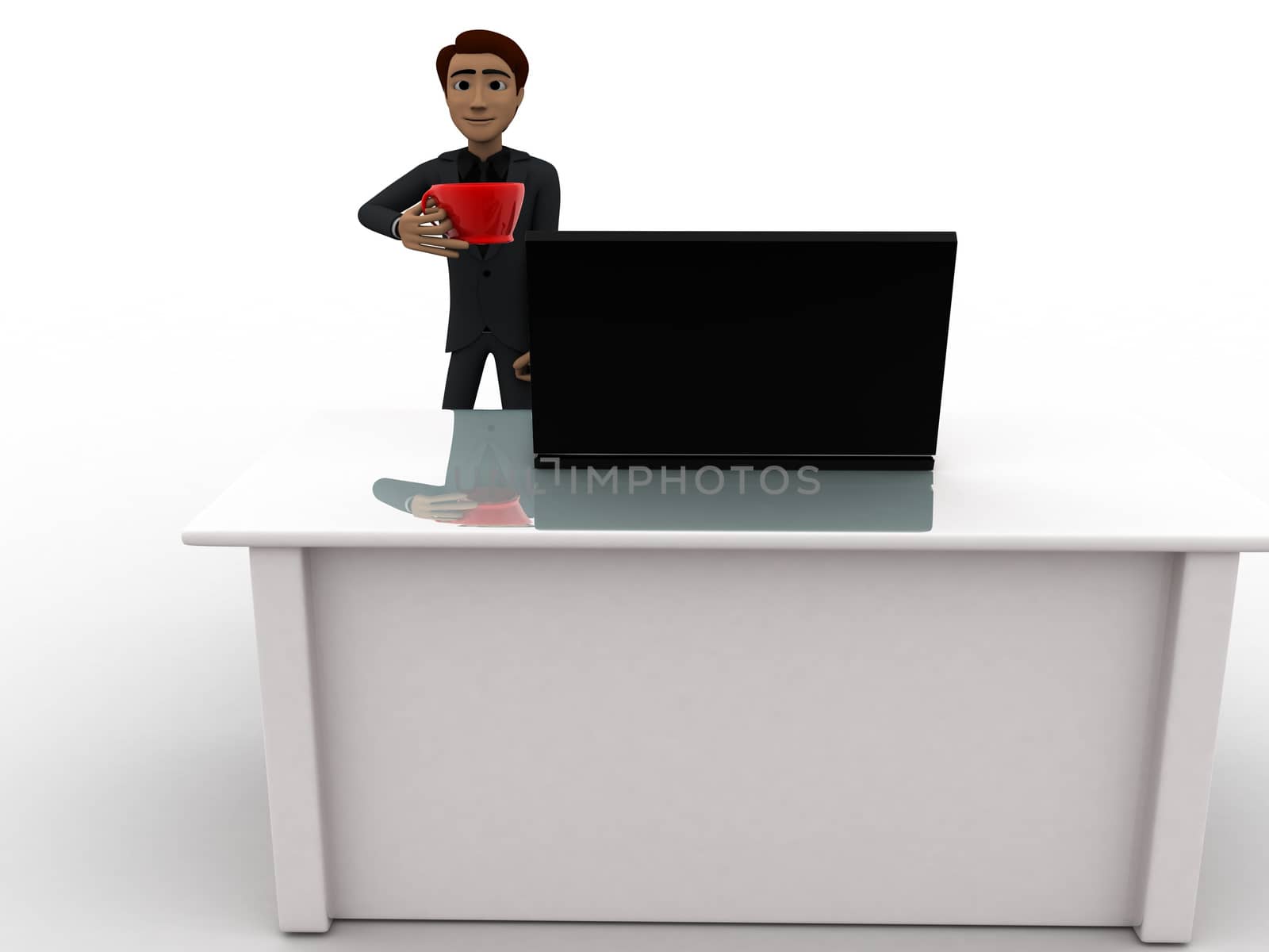 3d man in office with coffee sup and working on laptop concept on white background,  front angle view