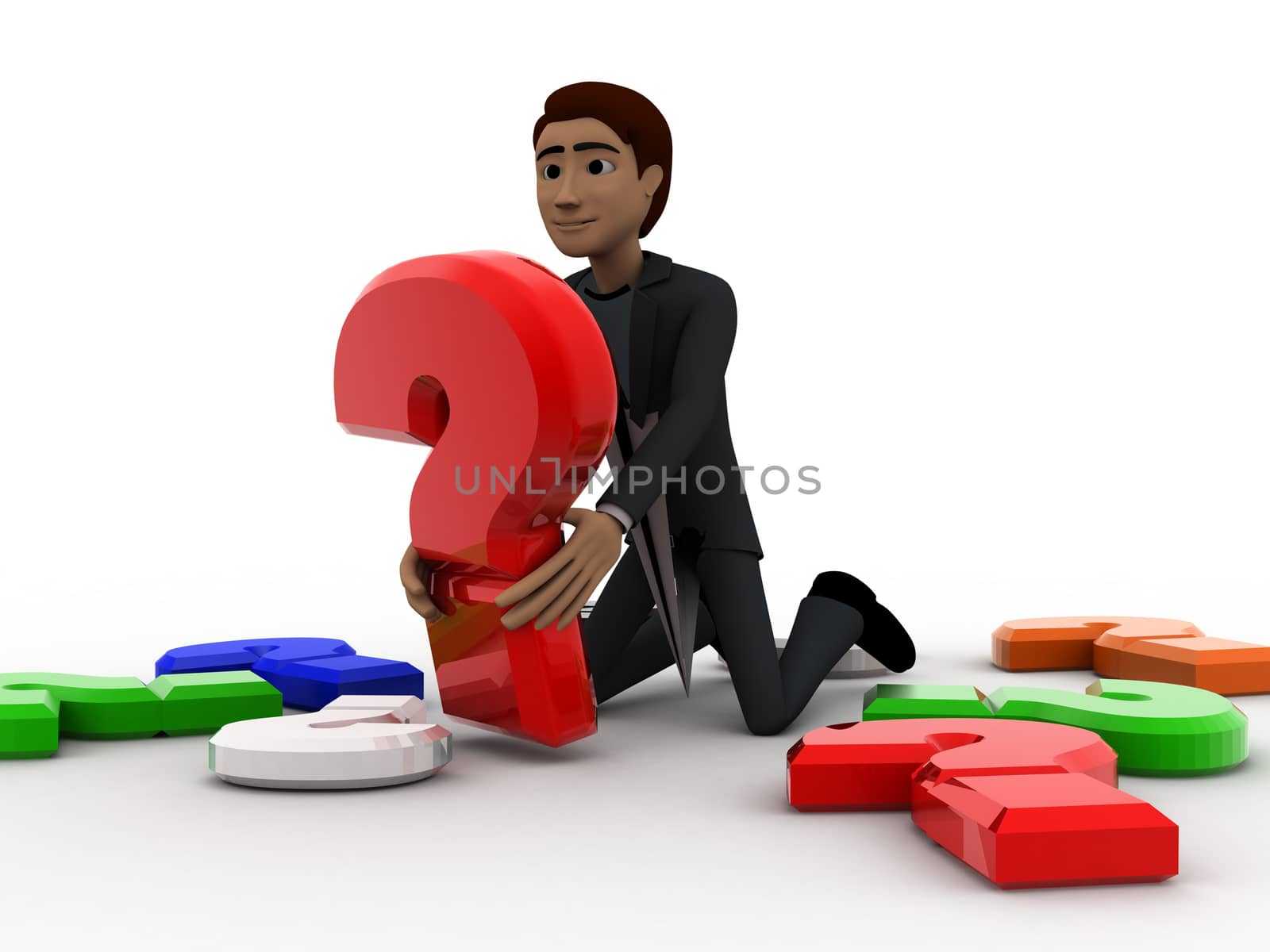 3d man with many colourful question mark concept on white background, side angle view