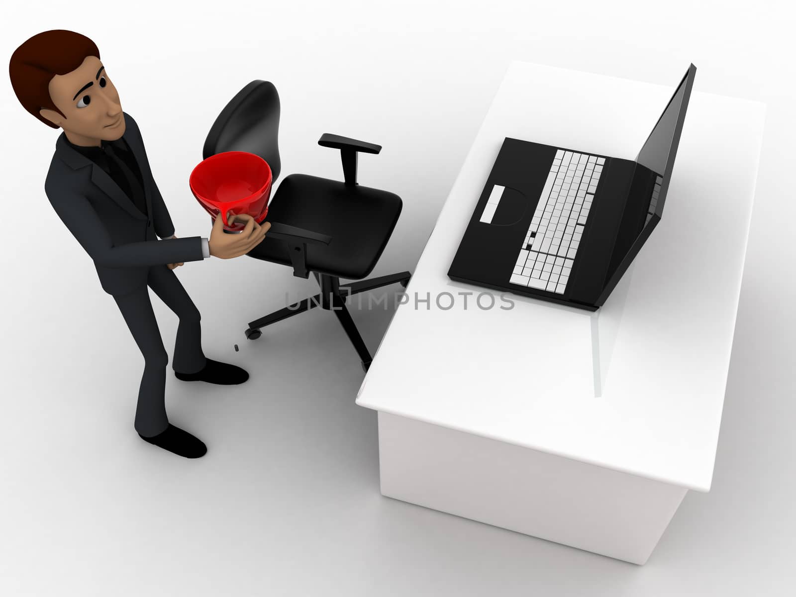 3d man in office with coffee sup and working on laptop concept by touchmenithin@gmail.com