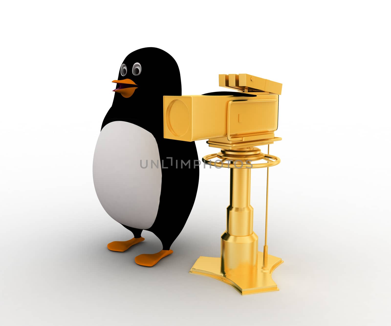 3d penuin with golden camera award concept on white background, side angle view