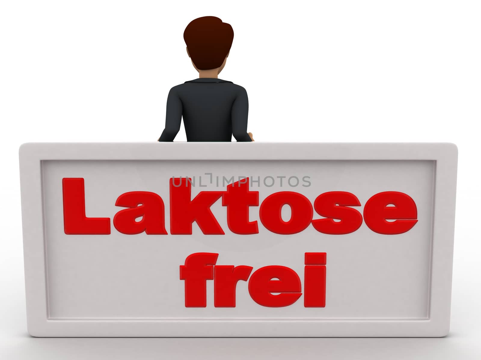 3d man leaning on lakstose frel board concept on white background, front angle view
