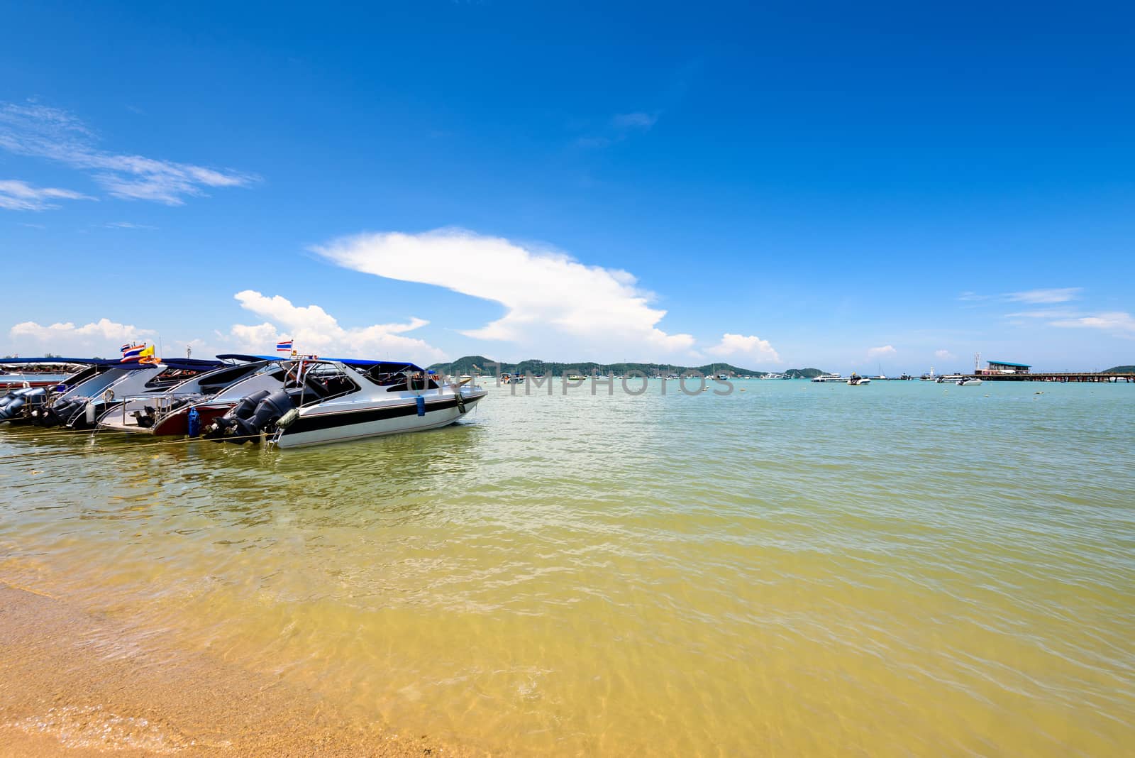 Beach harbor area for tourist traveling to the sea at Chalong Bay famous attractions in Phuket island, Thailand
