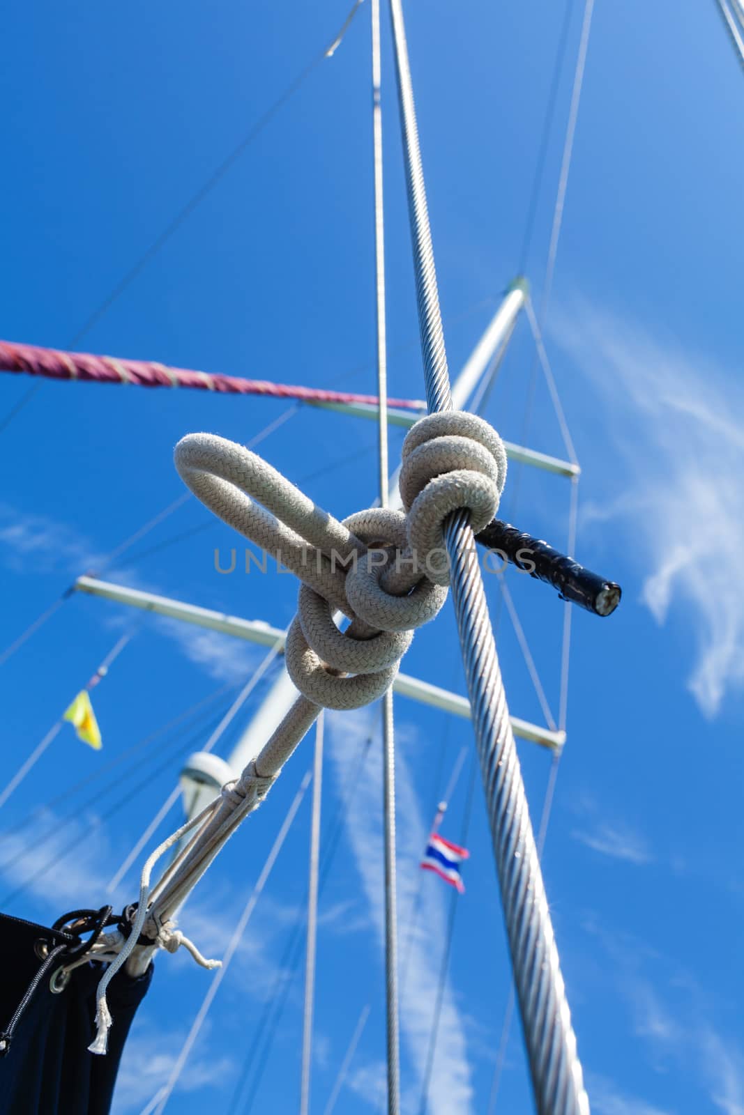 Knot of the rope on on sailing yacht travel from Ko Samui to Ko Phangan ,Thailand