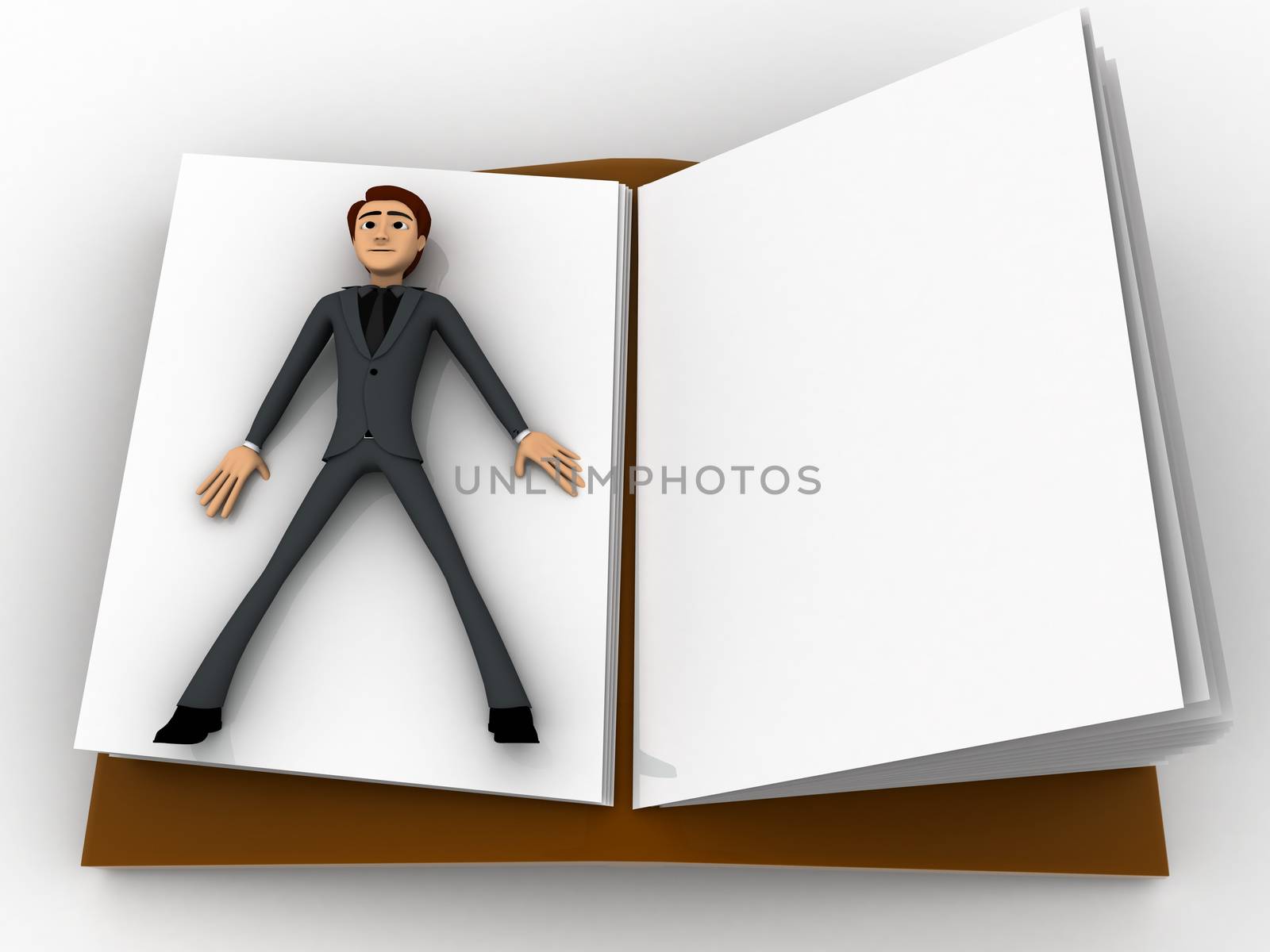 3d man sleeping inside book concept on white background,  top  angle view