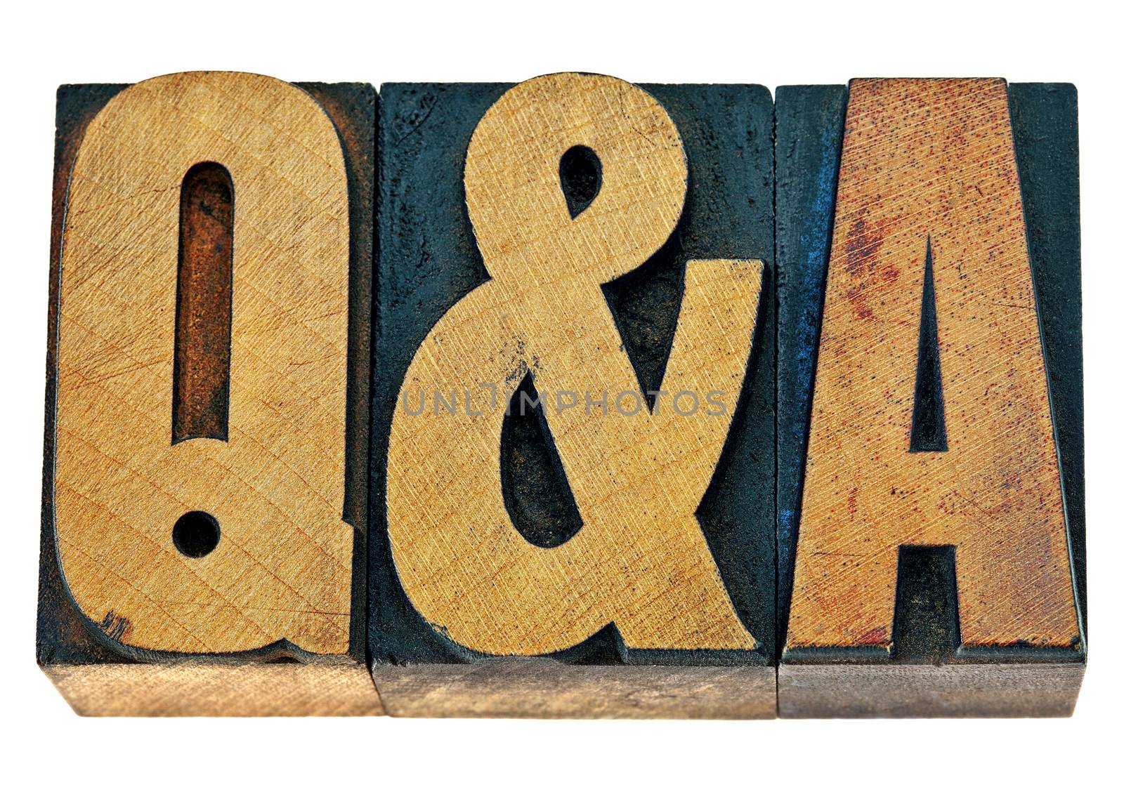 Q&A - questions and answers acronym - isolated text in vintage letterpress wood type printing blocks