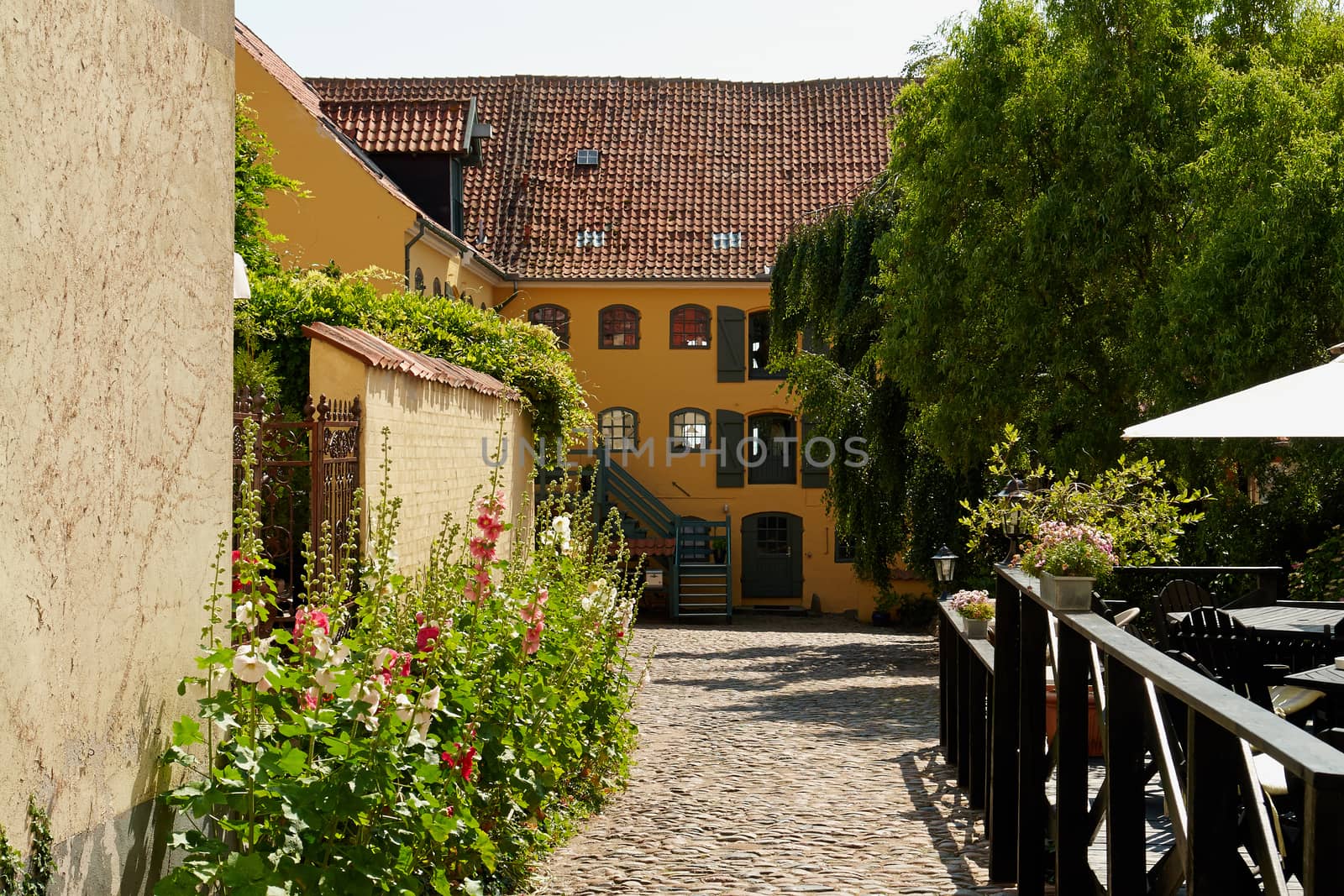 Colored traditional classical Danish houses Faaborg Funen Denmark                                  