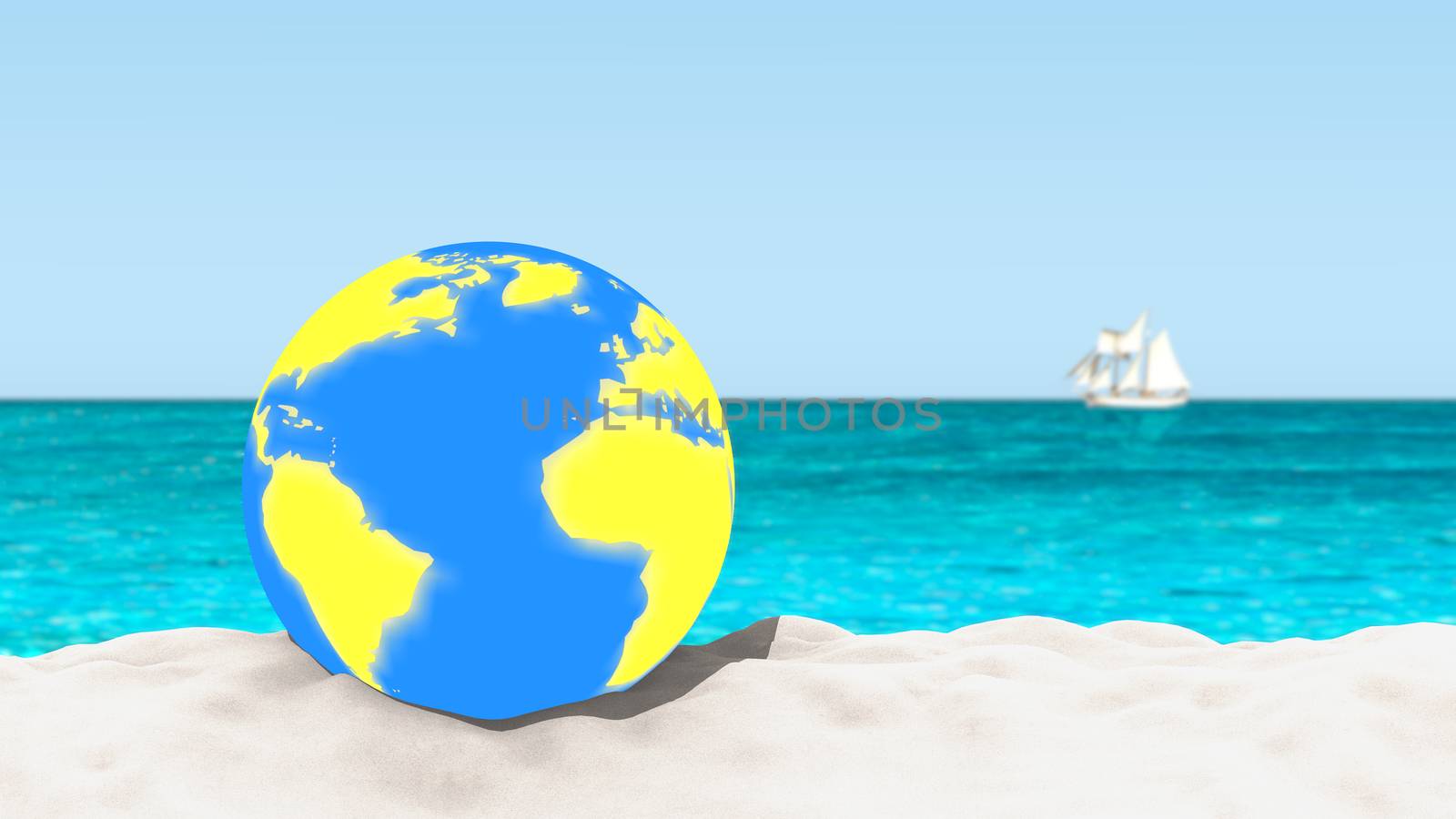 Ball with a world map pattern. Sandy beach with a blurred boat on ocean.