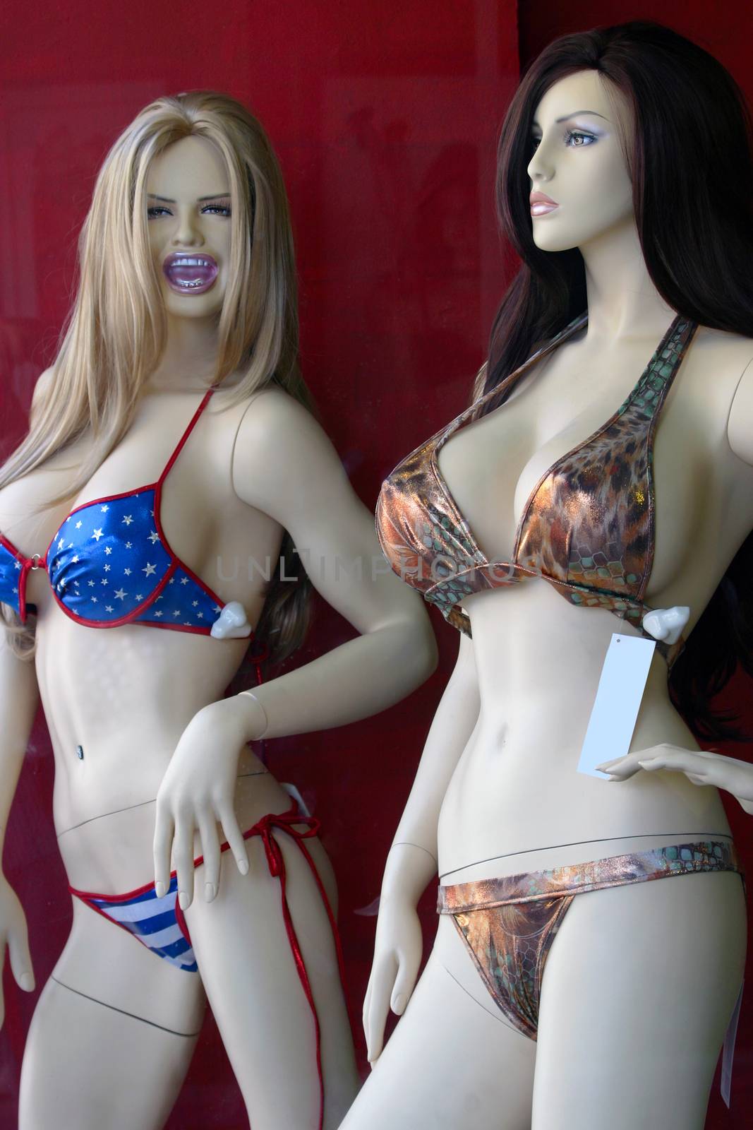 Female mannequins with sexy poses in a shop window