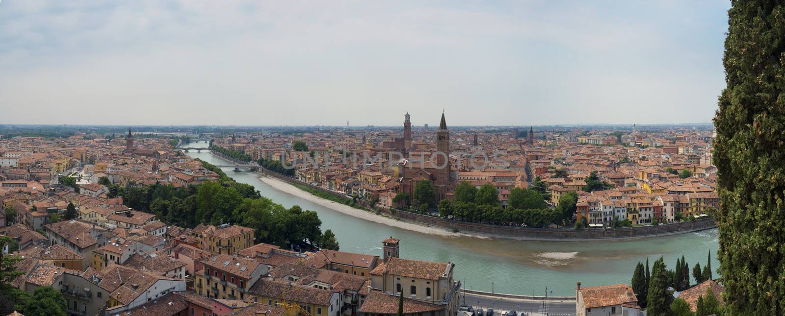 VERONA, ITALY - JULY 13: Stitched panorama of Verona seeing from San Pietro castle. July 13, 2015 in Verona.
