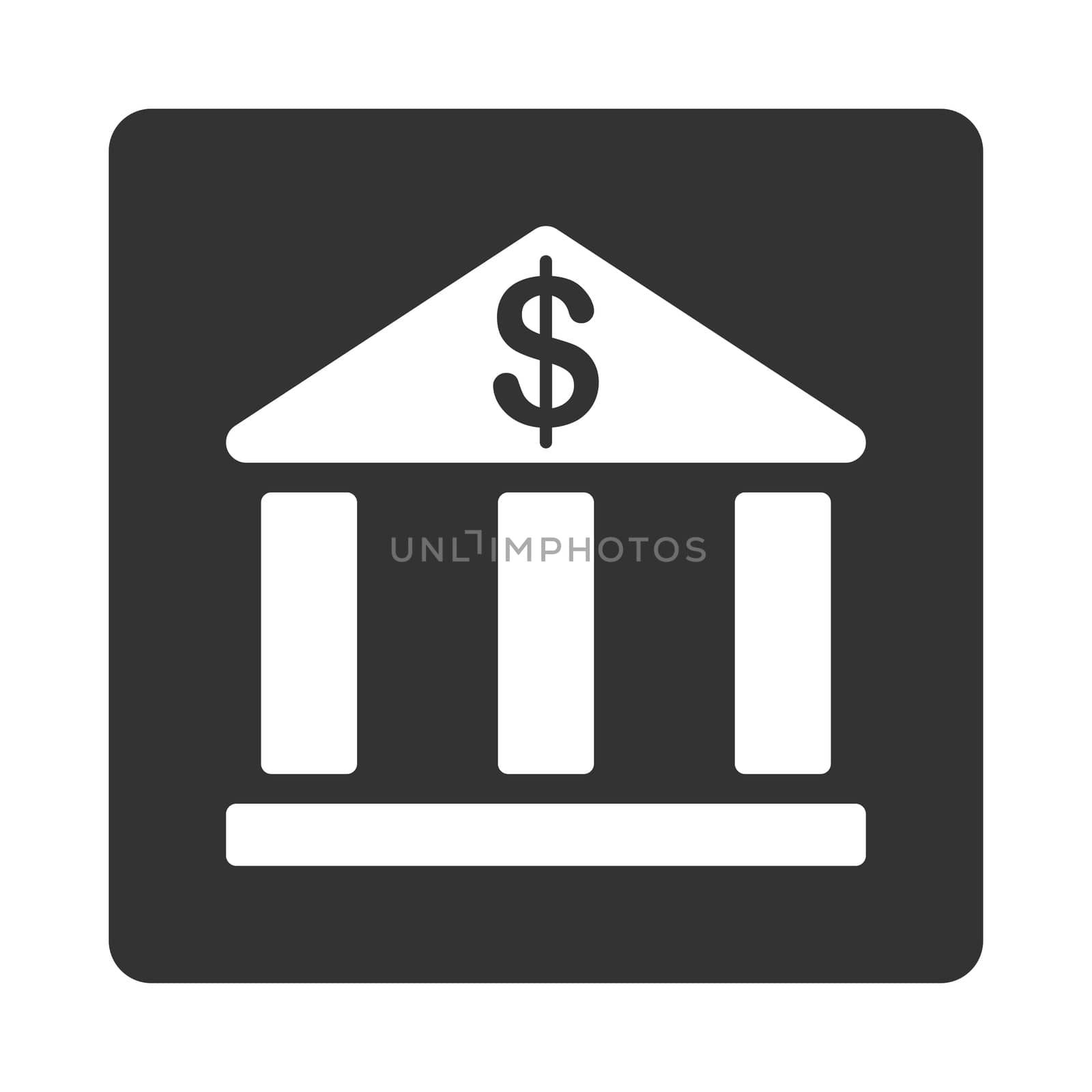 Bank icon. This flat rounded square button uses white and gray colors and isolated on a white background.