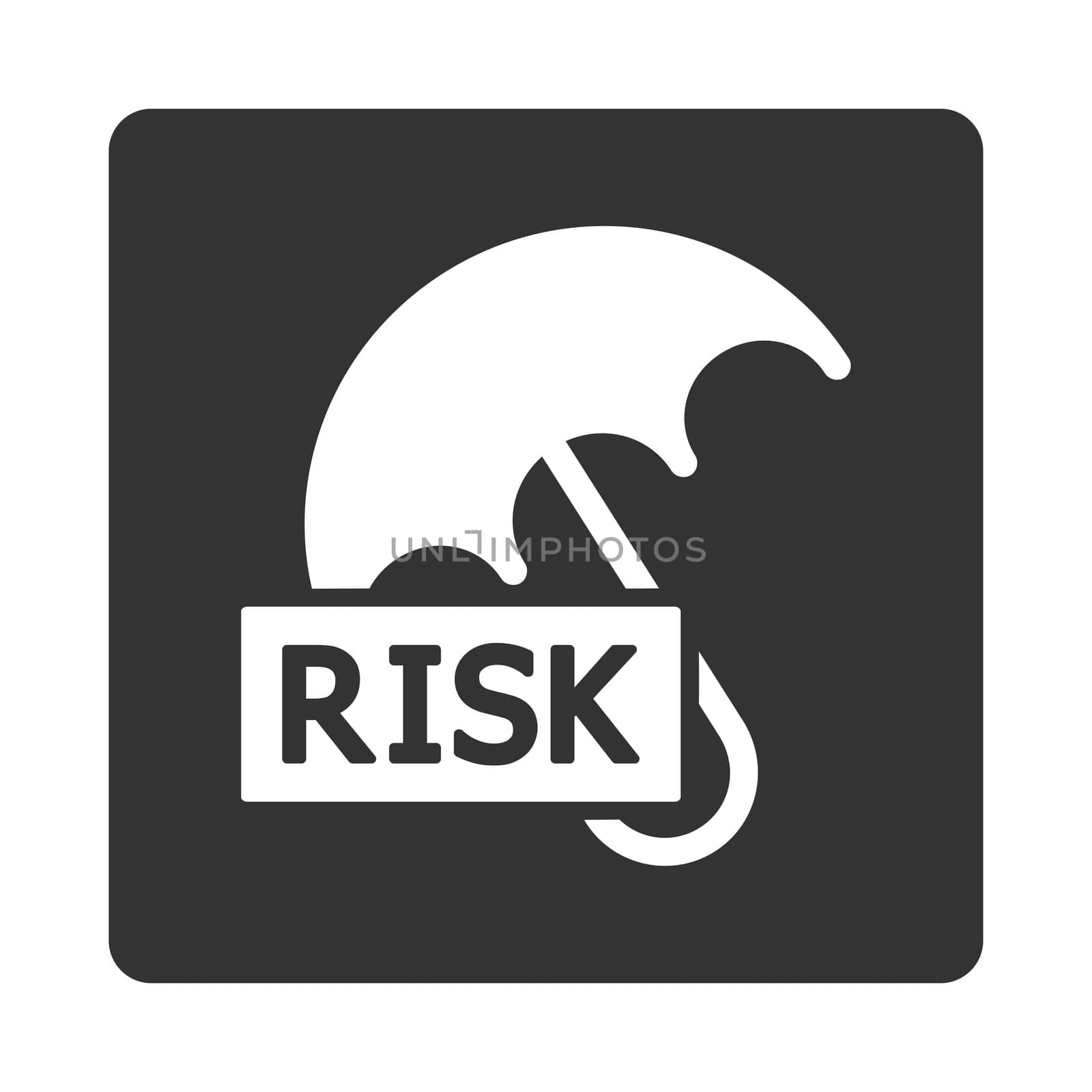Umbrella icon. This flat rounded square button uses white and gray colors and isolated on a white background.