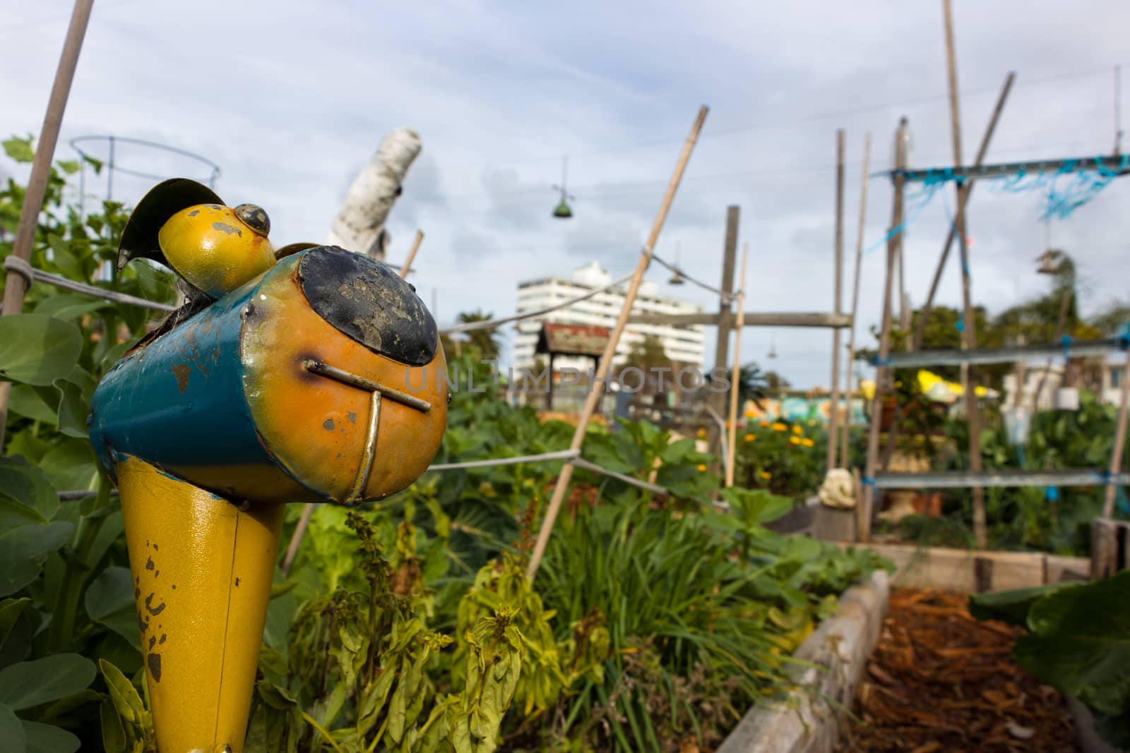 Metal Sculpture of a Dog in a Community Garden by davidhewison