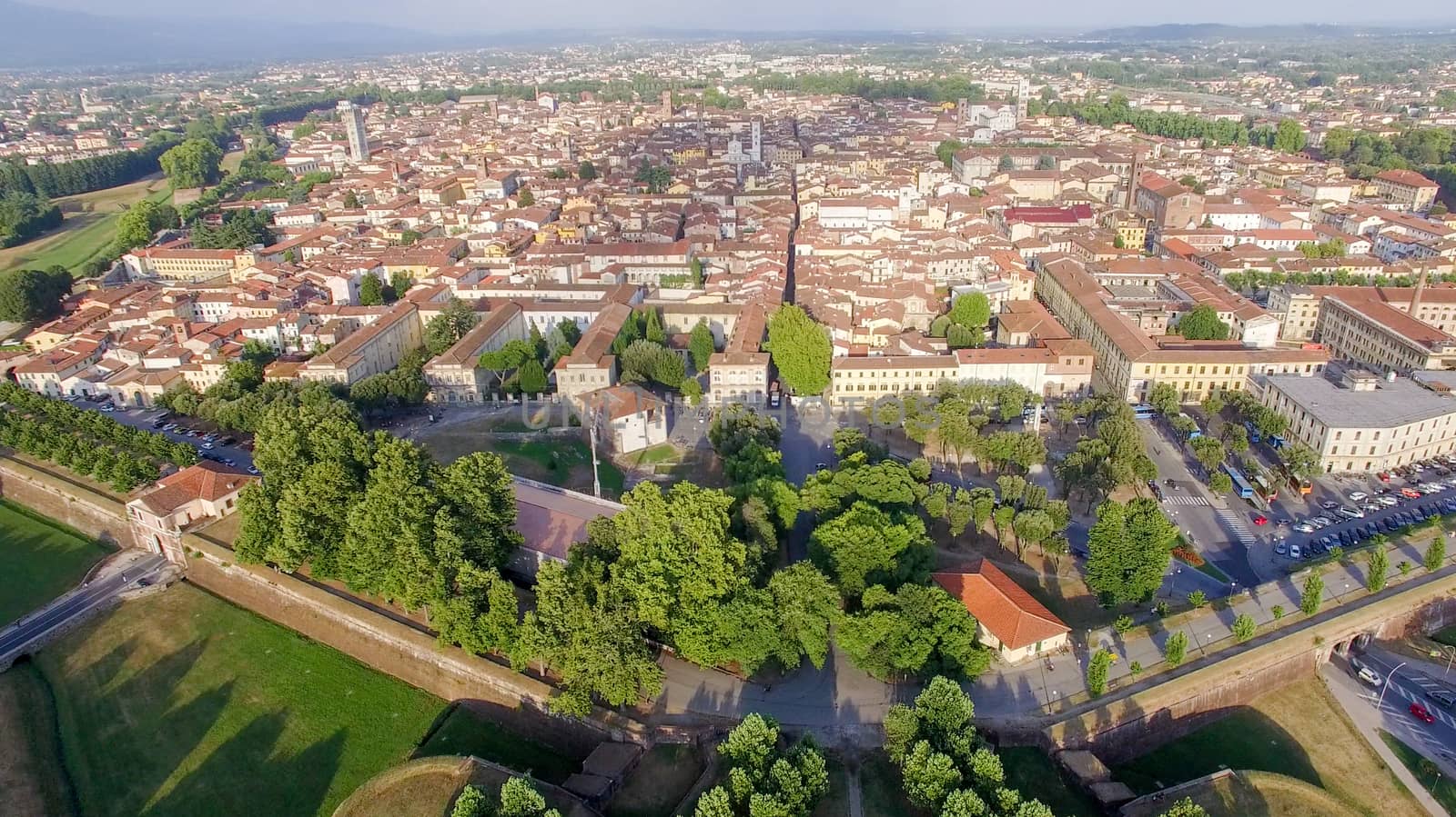 Lucca, Tuscany - Italy. Aerial view of old city and ancient walls