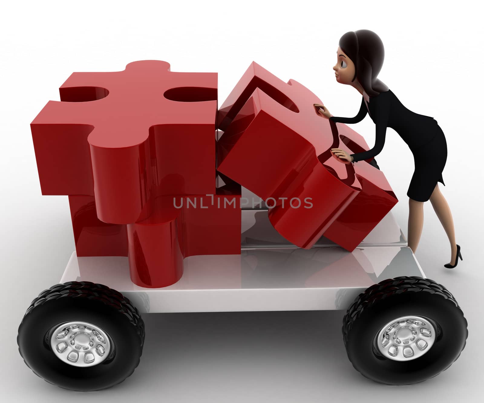 3d woman push puzzle piece on hand truck concept by touchmenithin@gmail.com