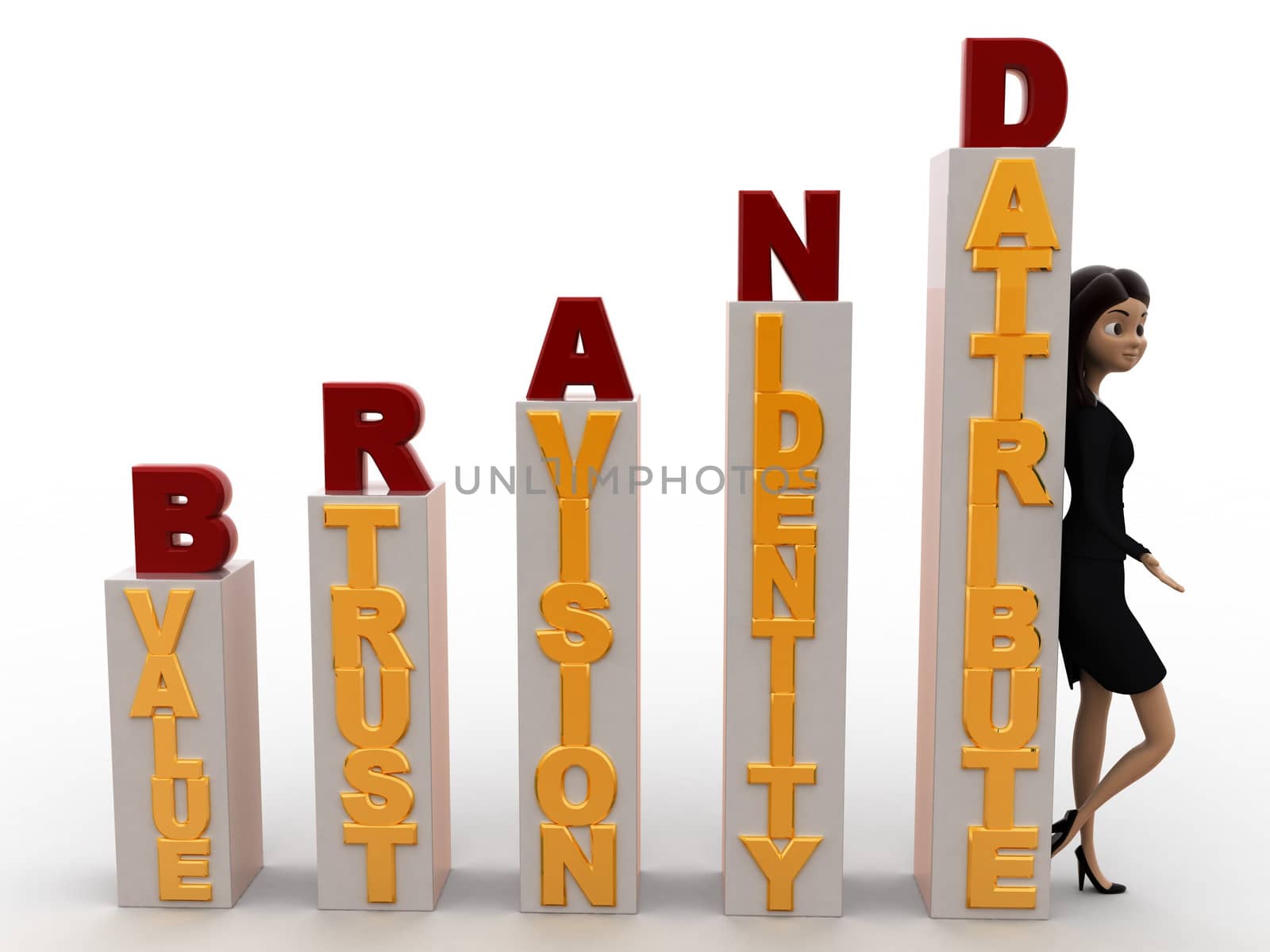 3d woman with brand growth graph bars concept on white background, front angle view