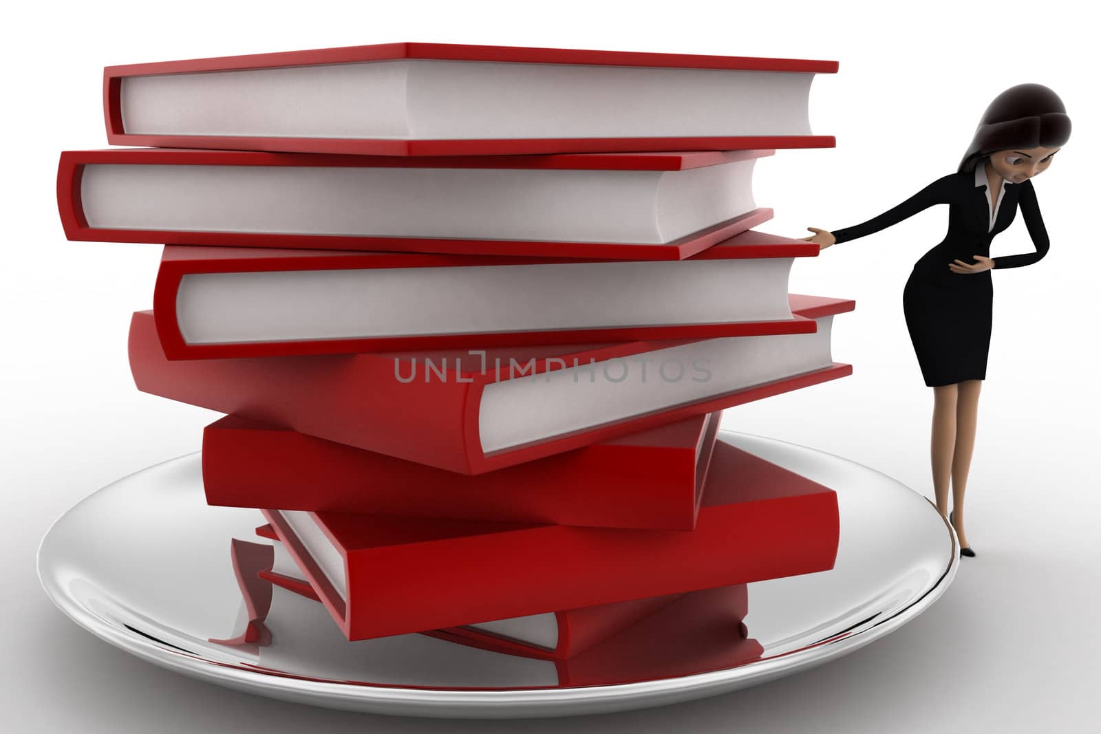 3d woman with many books on dish concept on white background, side angle view