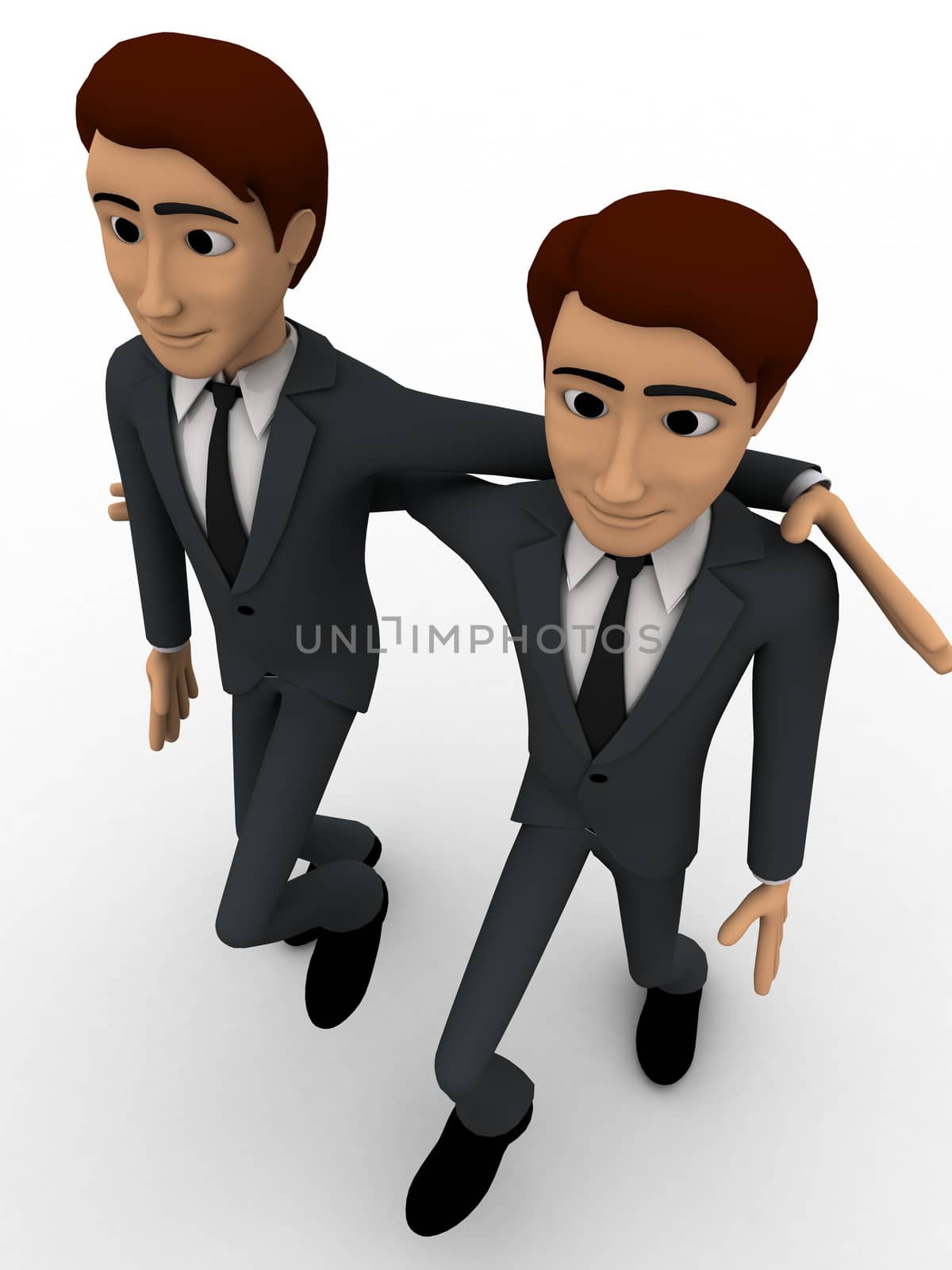 3d man friend walking and in good mood concept on white background,  top angle view