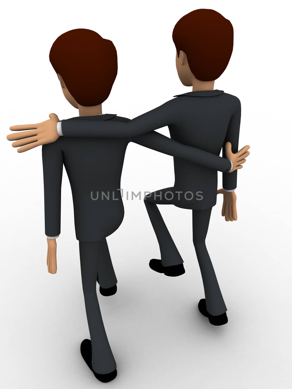3d man friend walking and in good mood concept on white background, back angle view