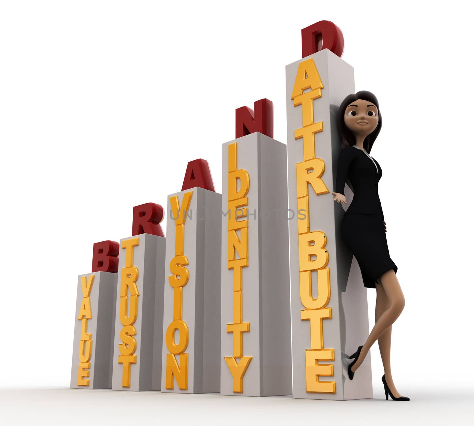 3d woman with brand growth graph bars concept on white background, side angle view